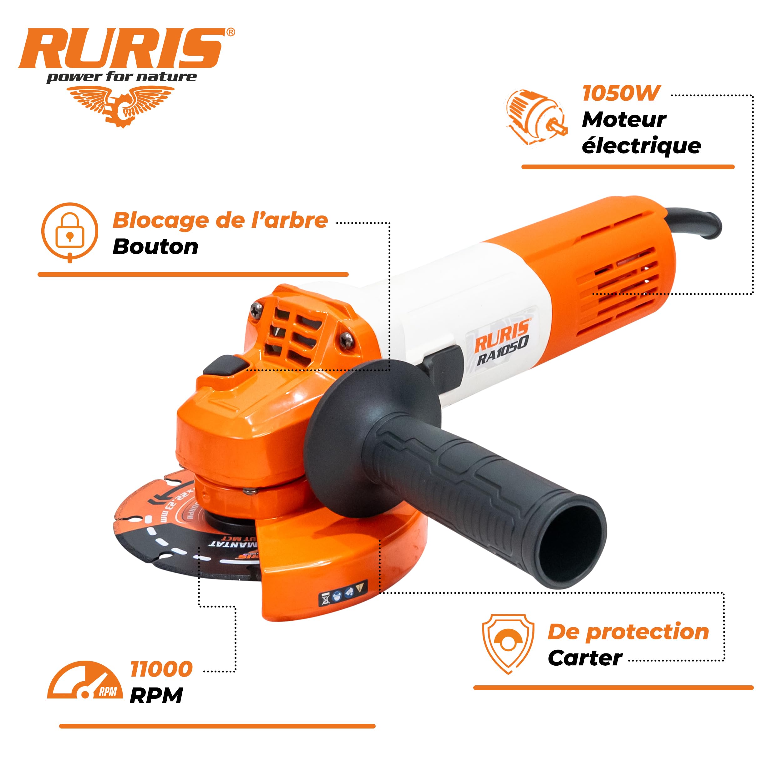 RURIS Meuleuse d’angle électrique RA1050 1050W, disque 125 mm, 11000 tr/min, système Power Off, outil polyvalent pour coupe et meulage métal, béton, pierre, bois