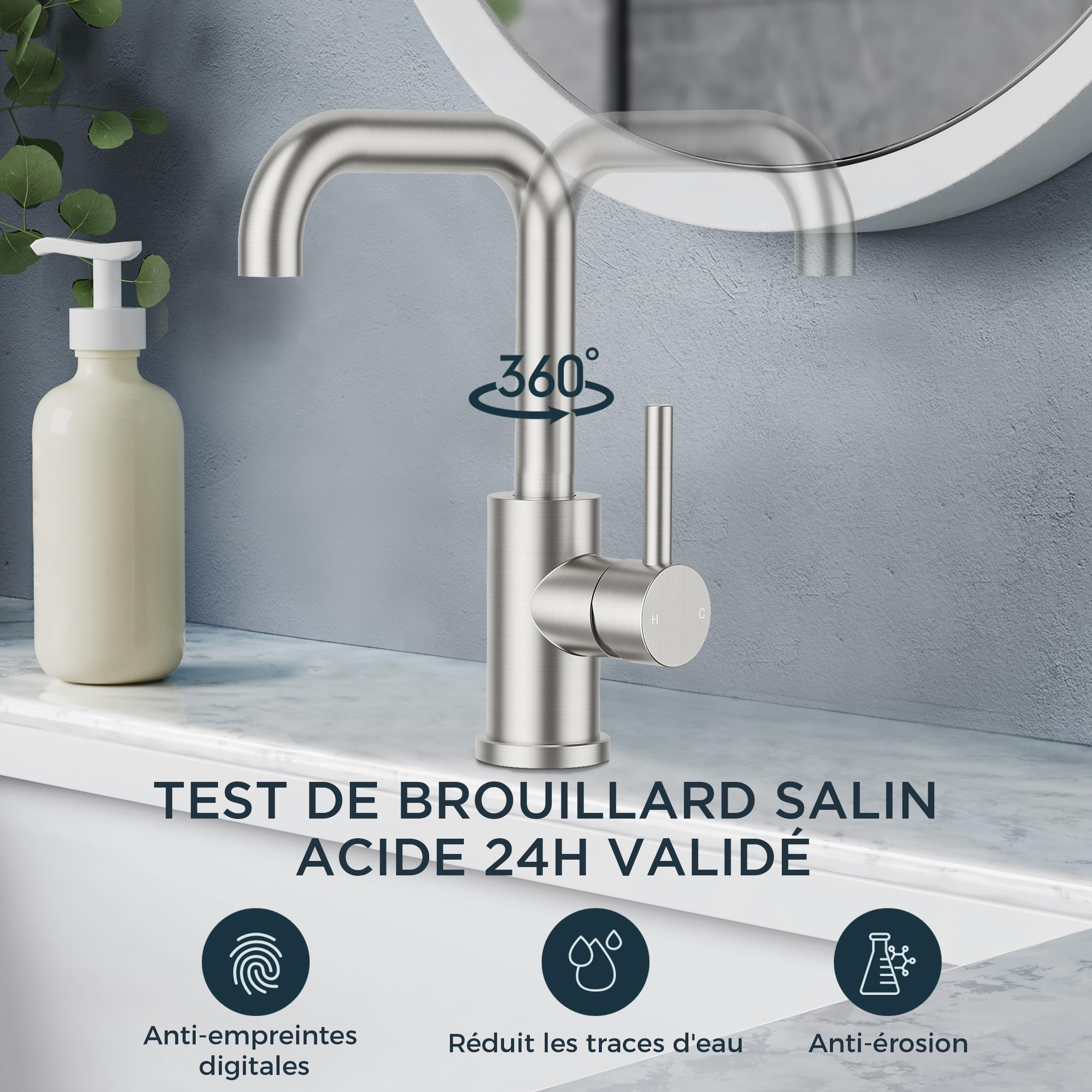 FORIOUS Robinet Salle de Bain Pivotant à 360°, Mitigeur pour Eau Chaude/Froide，Mitigeur en Acier Inoxydable Facile à Installer pour Salle de Bain Lavabo,Inox