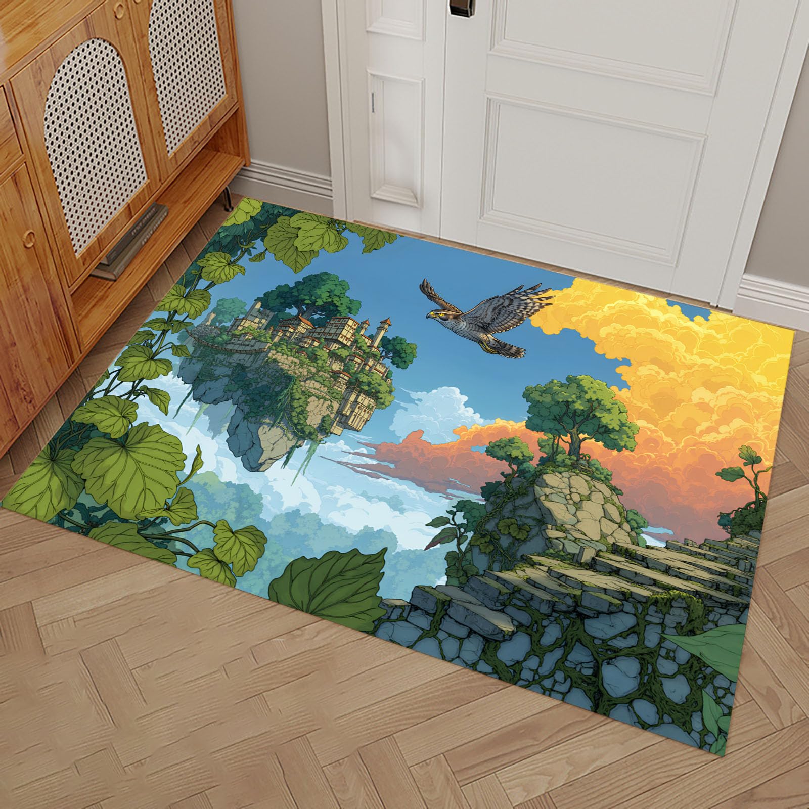 Tapis entree interieur lavable paillasson aigle château flottant vert 60 x 90 cm profil bas