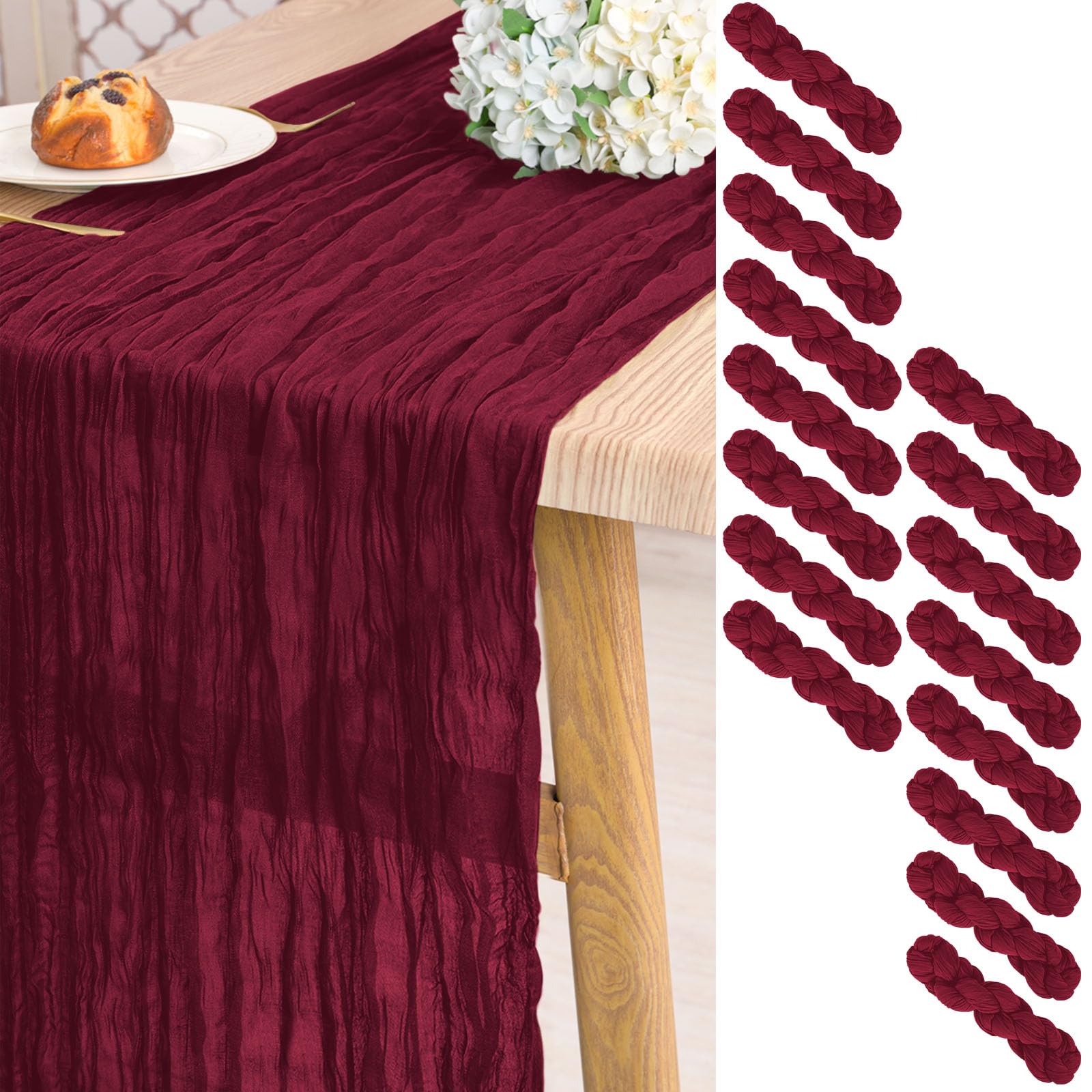 16 Pack Gauze Cheesecloth Table Runner Burgundy ,10ft Long Rustic Gauze Boho Wedding Table Runners 21.5 x 120 Inch for Wedding,Bridal Shower,Party,Banquet Decoration
