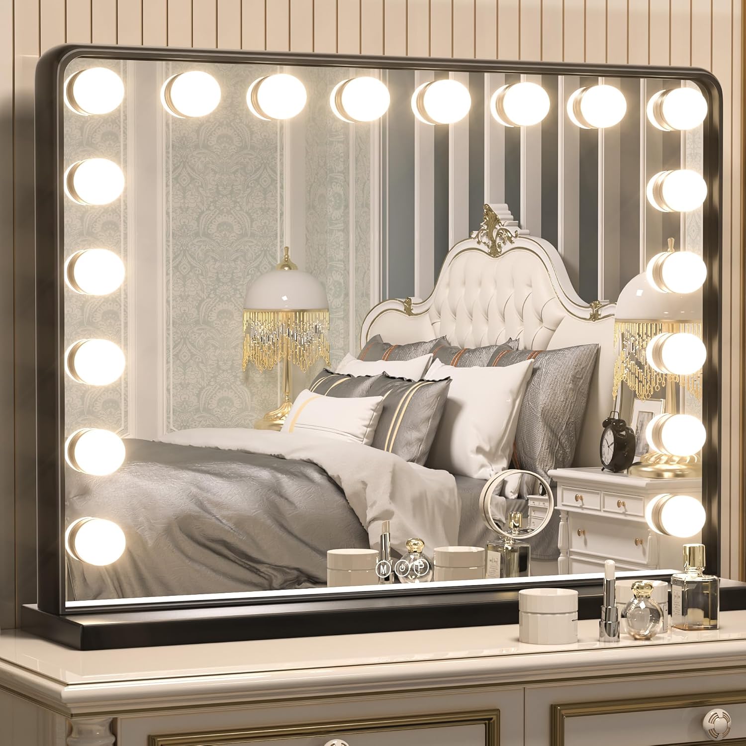Keonjinn Large Vanity Mirror with Lights Black Hollywood