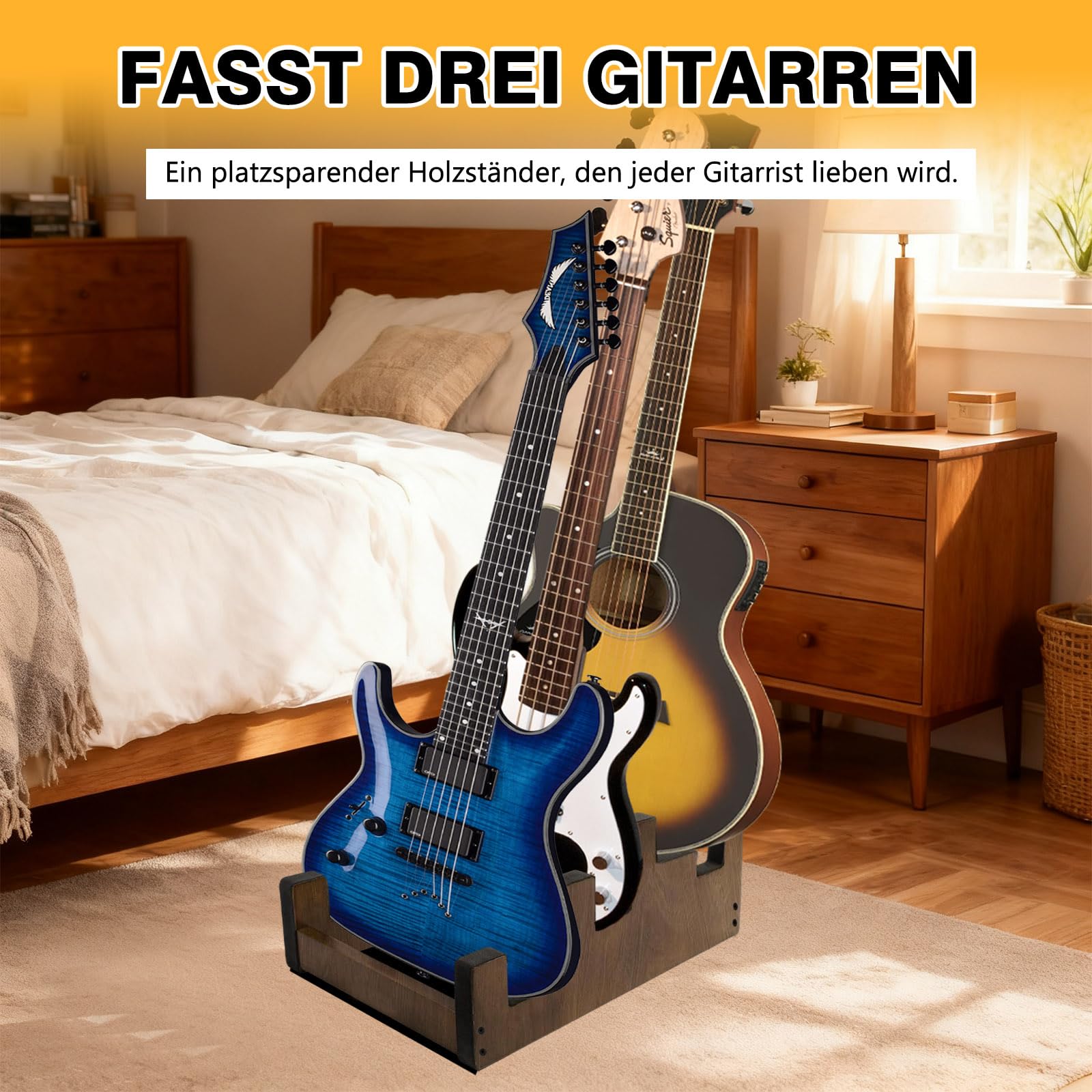 Soporte de madera para guitarra, soporte para guitarra de tres niveles, soporte de suelo para guitarra eléctrica, guitarra acústica/bajo, soporte para instrumentos musicales para estudio