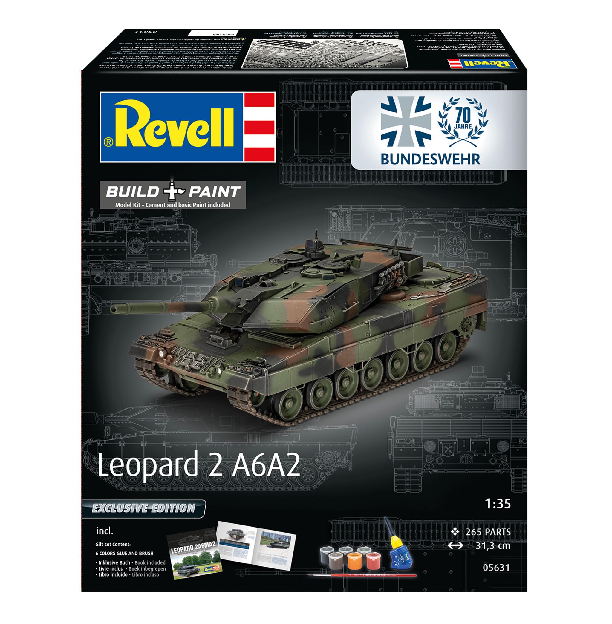 Revell Zestaw upominkowy 05631 Leopard 2 A6A2 ekskluzywna edycja 70 lat Bundeswehry w skali 1:35 niezbudowane plastikowe modele z akcesoriami
