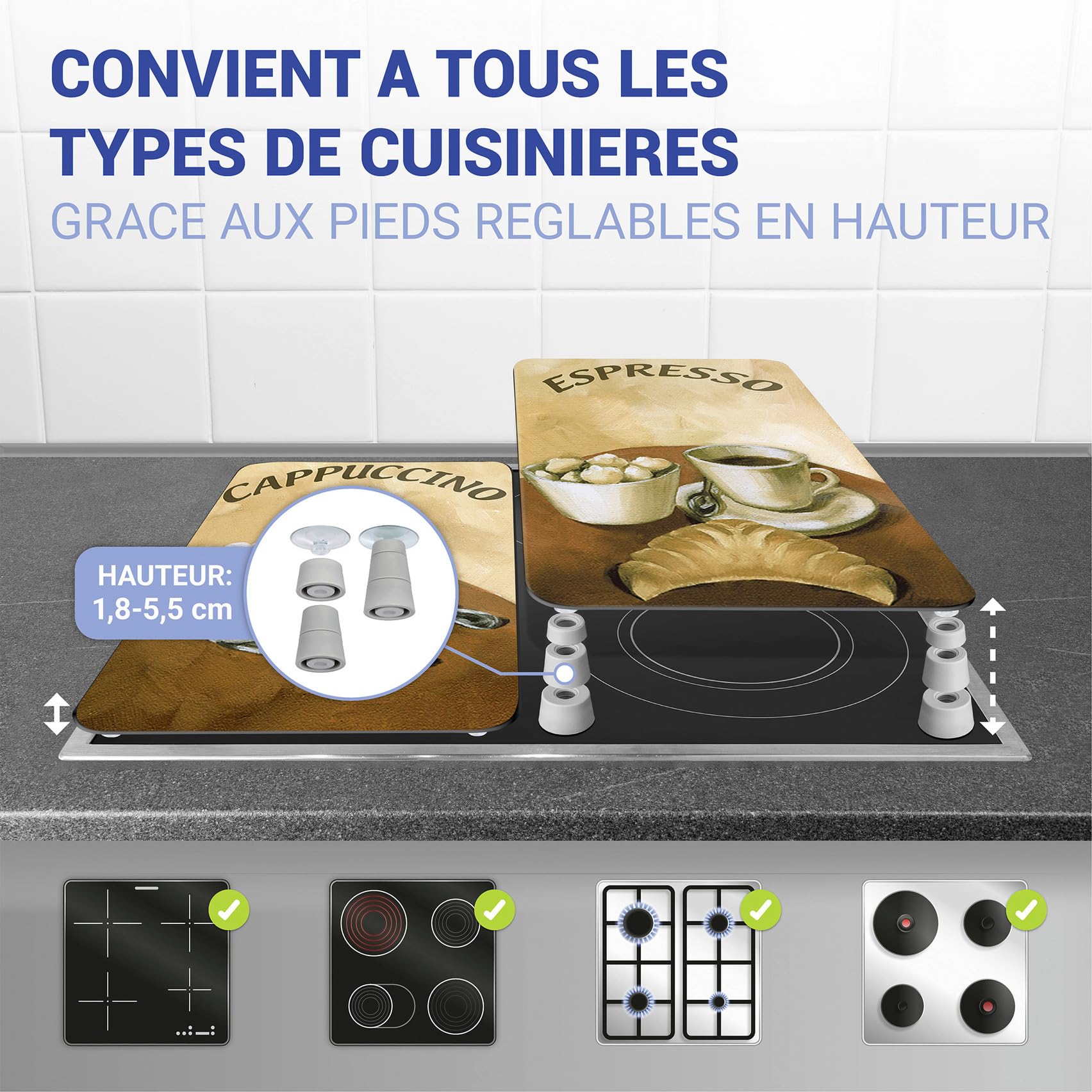 WENKO Protection plaque de cuisson "Café" en verre trempé | Pour toute plaque | Couvre plaque de cuisson, planche à découper, extension plan de travail | Lot de 2 | 52x30cm | Multicolore