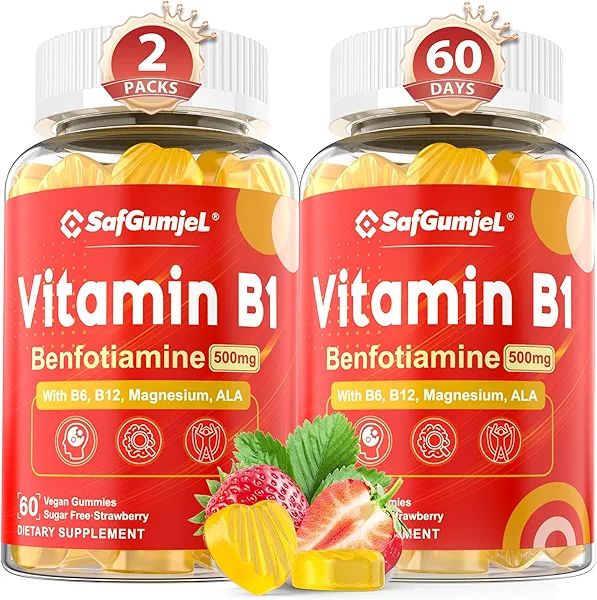 Safgumjel Vitamin B1 Gummies | Benfotiamine 500mg with Vitamin B6 B9 B12 & Magnesium for Nerve Health, Energy & Metabolism Support | Sugar Free, Non GMO, Vegan, 120 Counts