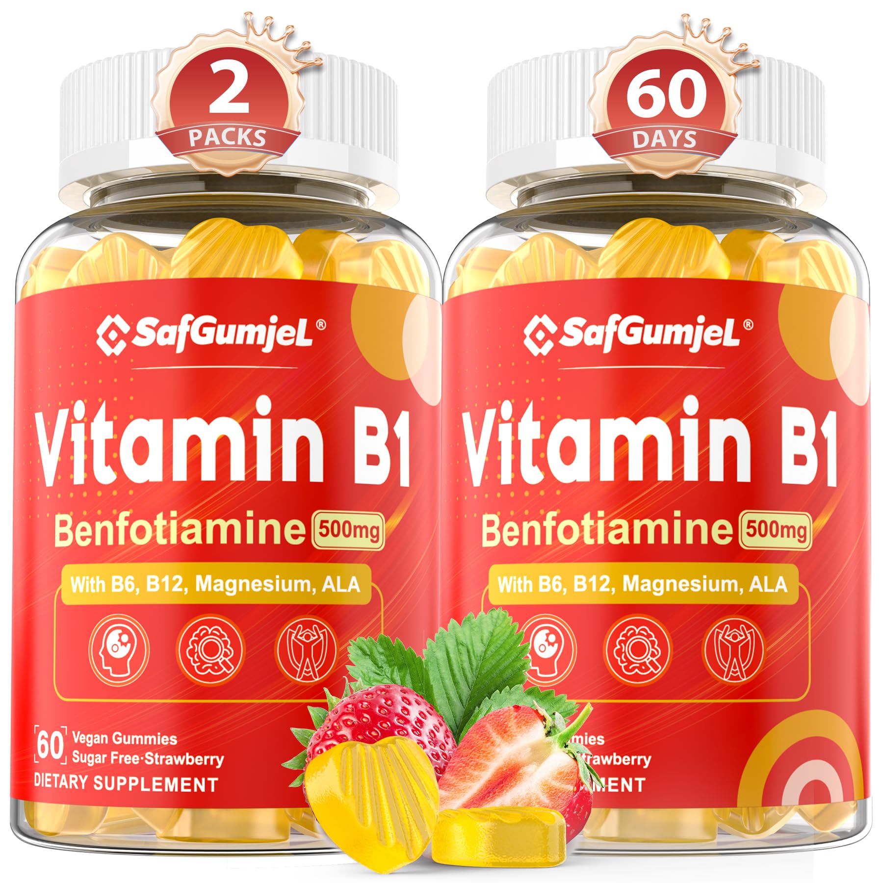 Vitamin B1(Benfotiamine) Gummies 500mg – B1 B6 B12 Vitamins with Magnesium for Energy Metabolism, Healthy Nervous System – Chewable B Complex for Adults & Kids - Vegan, Sugar Free, 120 Ct