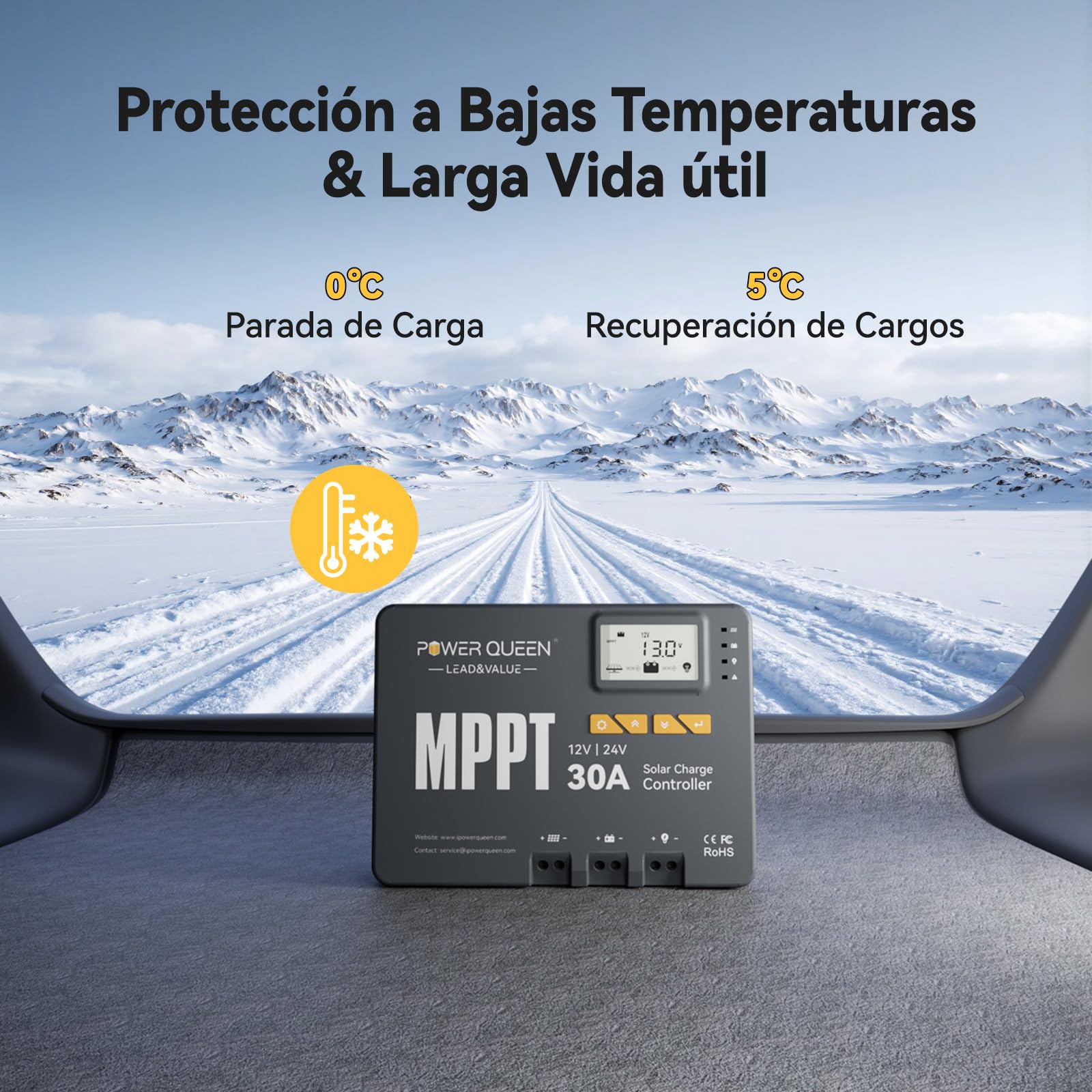 POWER QUEEN Regulador de Carga Solar MPPT 12V 24V 30A para Batería LiFePO4 | Potencia Máxima de 900W con Módulo Bluetooth Integrado y Pantalla LCD para Monitoreo en Tiempo Real de tu Energía
