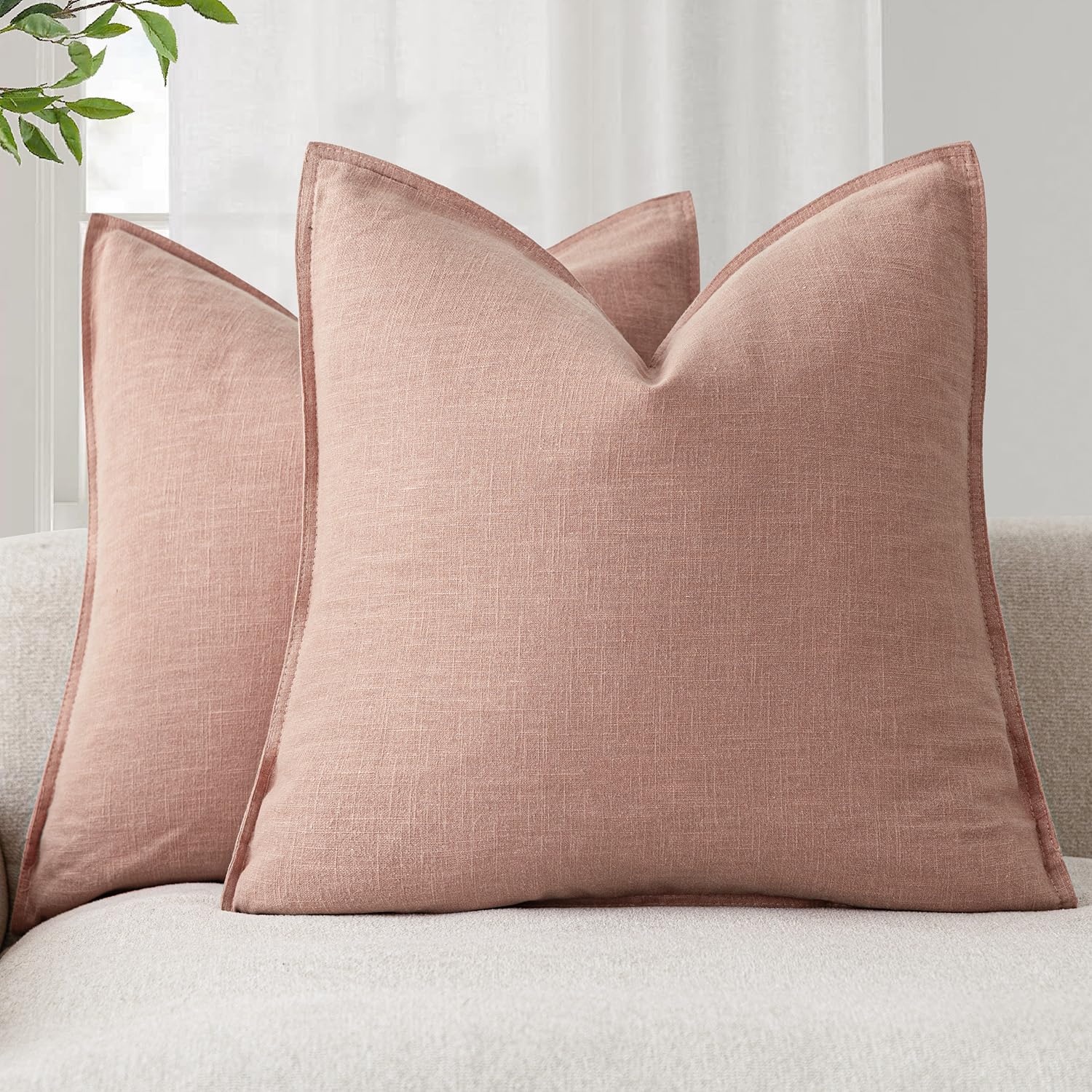Foindtower Pack of 2, Decorative Linen Soild Throw Pillow Covers Soft Accent Euro Cushion Case Boho Farmhouse Pillowcase for Chair Couch Sofa Bedroom Living Room Home Decor 18 x 18 Inch Coral Pink