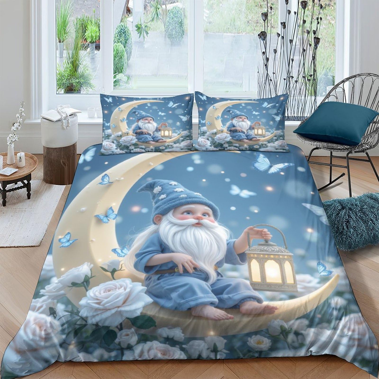 Ctjqhvkz Style-4 3D Printed Moon Gnome Fitted Sheet Microfiber Soft Non-Slip Floral Fantasy Bed Cover For Bedroom Dorm Decor Single（135X200cm）