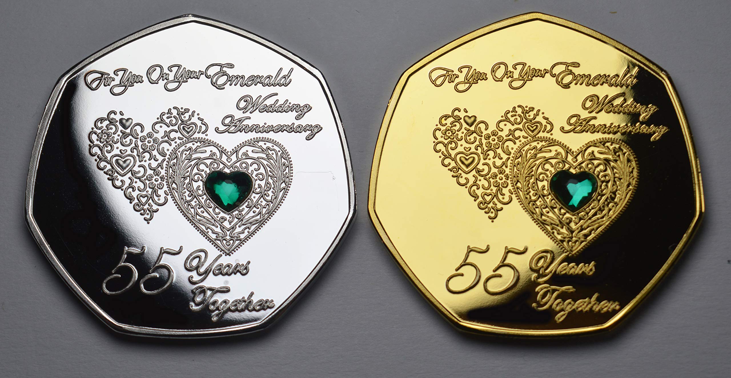 The Commemorative Coin Company Pair of 55TH EMERALD WEDDING ANNIVERSARY Silver & 24ct Gold Commemoratives with Diamante Gemstones. Display/Presentation Stand. Gift/Present 55 Years Together - Image 2