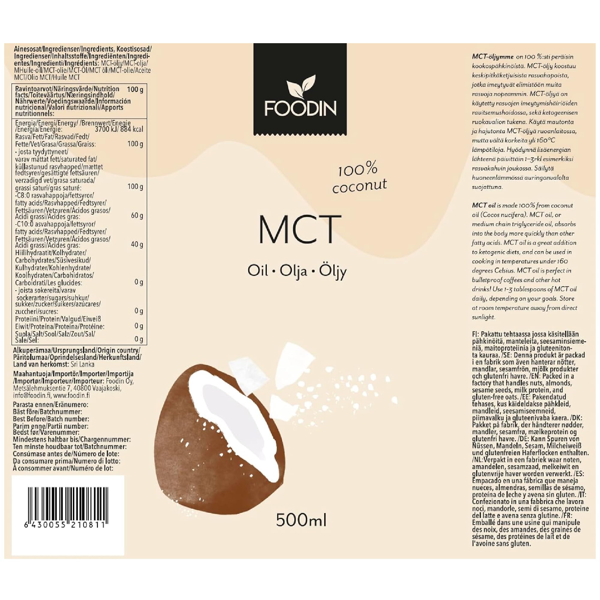 FOODIN Huile MCT 100% Huile de Coco,Triglycérides à Chaîne Moyenne (MCT), Sans Gluten & Végétalienne, de Coco Pure pour Athlètes, Idéale pour Régimes Cétogènes & Bienfaits Santé, 2 x 500 ml