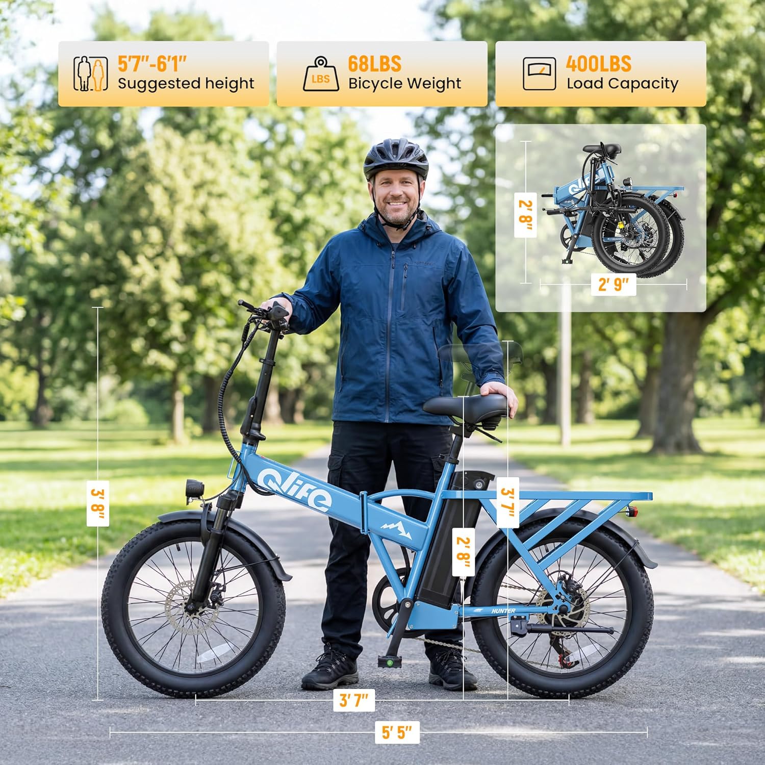 Qlife Hunter Foldable Electric Bike for Adults, Peak 1200W Ebike with 48V 13.5Ah Battery, 65-Mile Range, Heavy-Duty Rear Rack, 20-Inch Fat Tires, Folding E Bike for Commuting & Outdoor Use