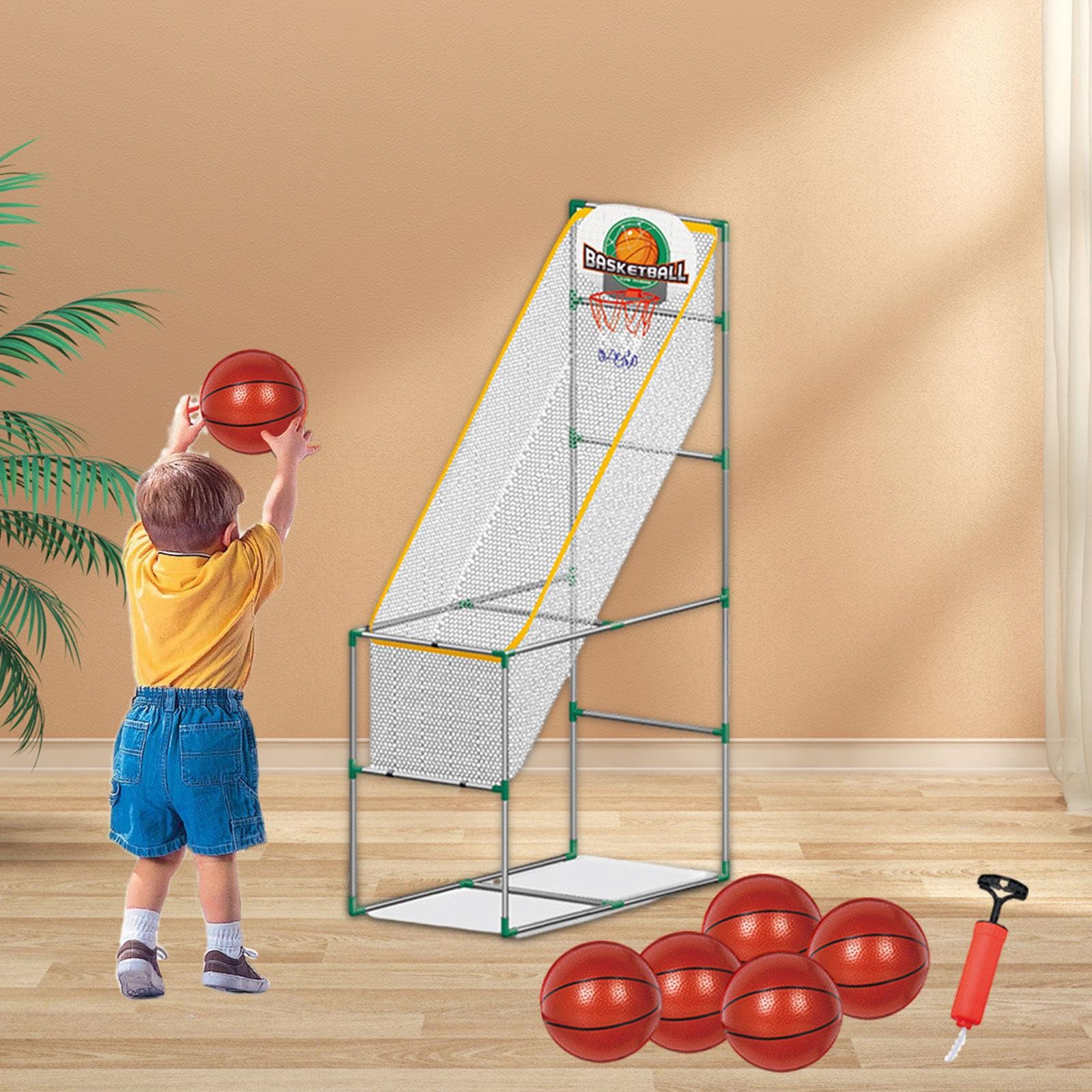 Gioco di Basket Arcade per Bambini, Giocattolo Sportivo, Canestro Rimovibile con Palline, per Ragazzi E Ragazze, Facile da Montare, Attivo, con 6 Palle, 1.53 M