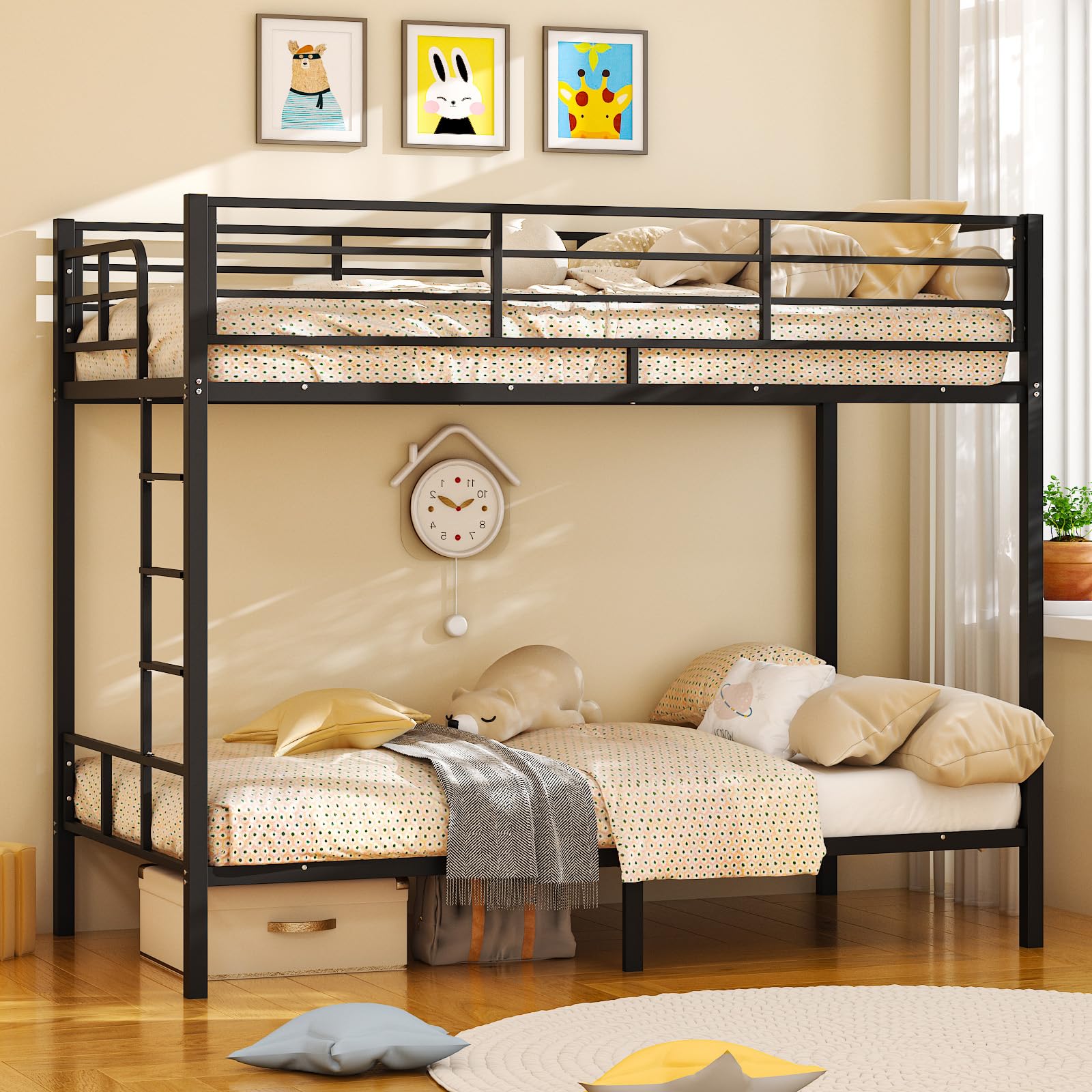 Bonnlo Metal Bunk Bed, Single over Single Loft Bed Frame with 38cm High Full-Length Guardrail & Non-Slip Ladder, Space-Saving Twin Over Twin Bunk Bed, High Sleeper Bed Frame for Kid Teens Adults,Black