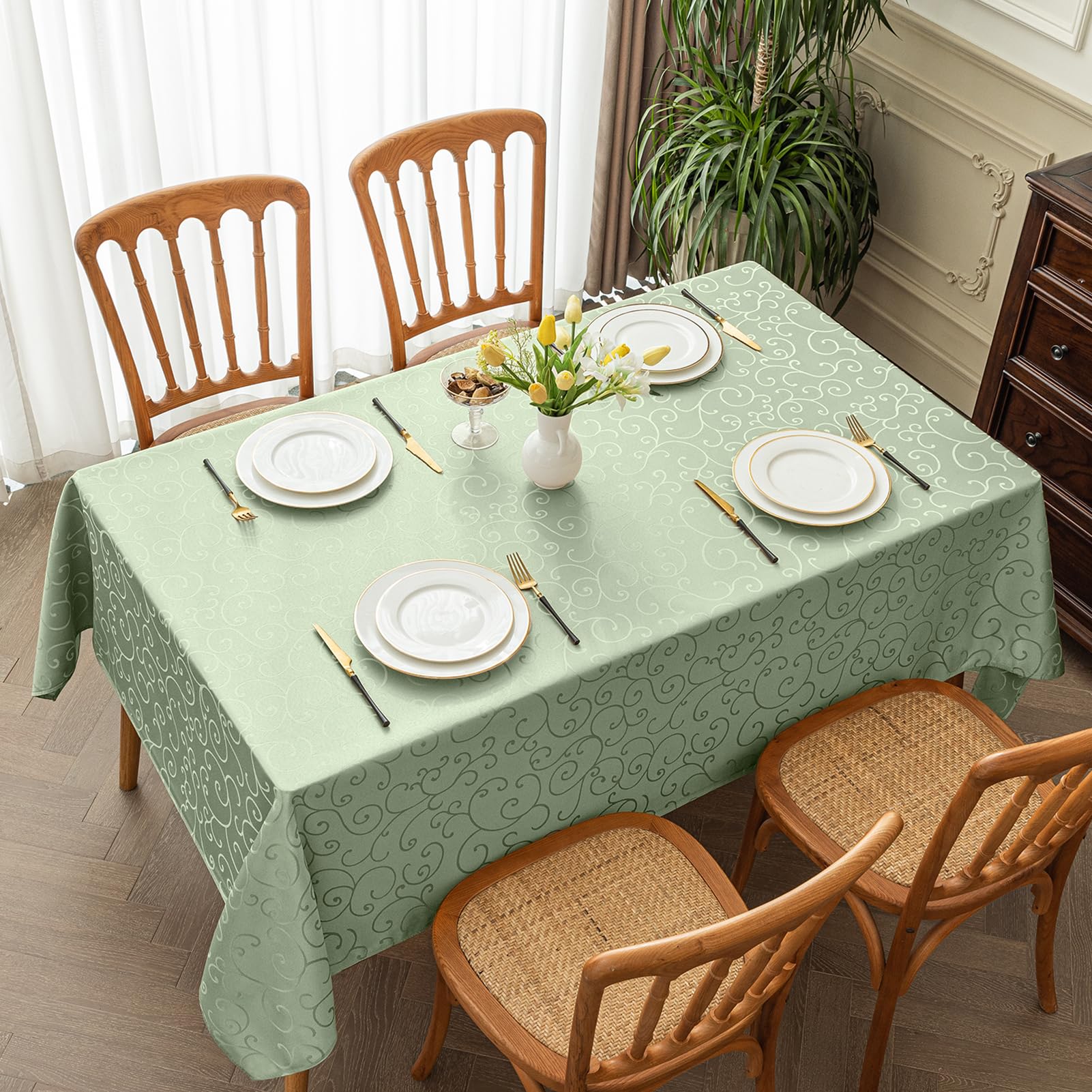 Romanstile tafelkleed rond 140 cm crème Kerst wasbaar Luxueus Jacquard bloemen waterafstotend tafelkleed voor eettafel, feest, kerstdecoratie, bruiloft, keuken, tuin, winter