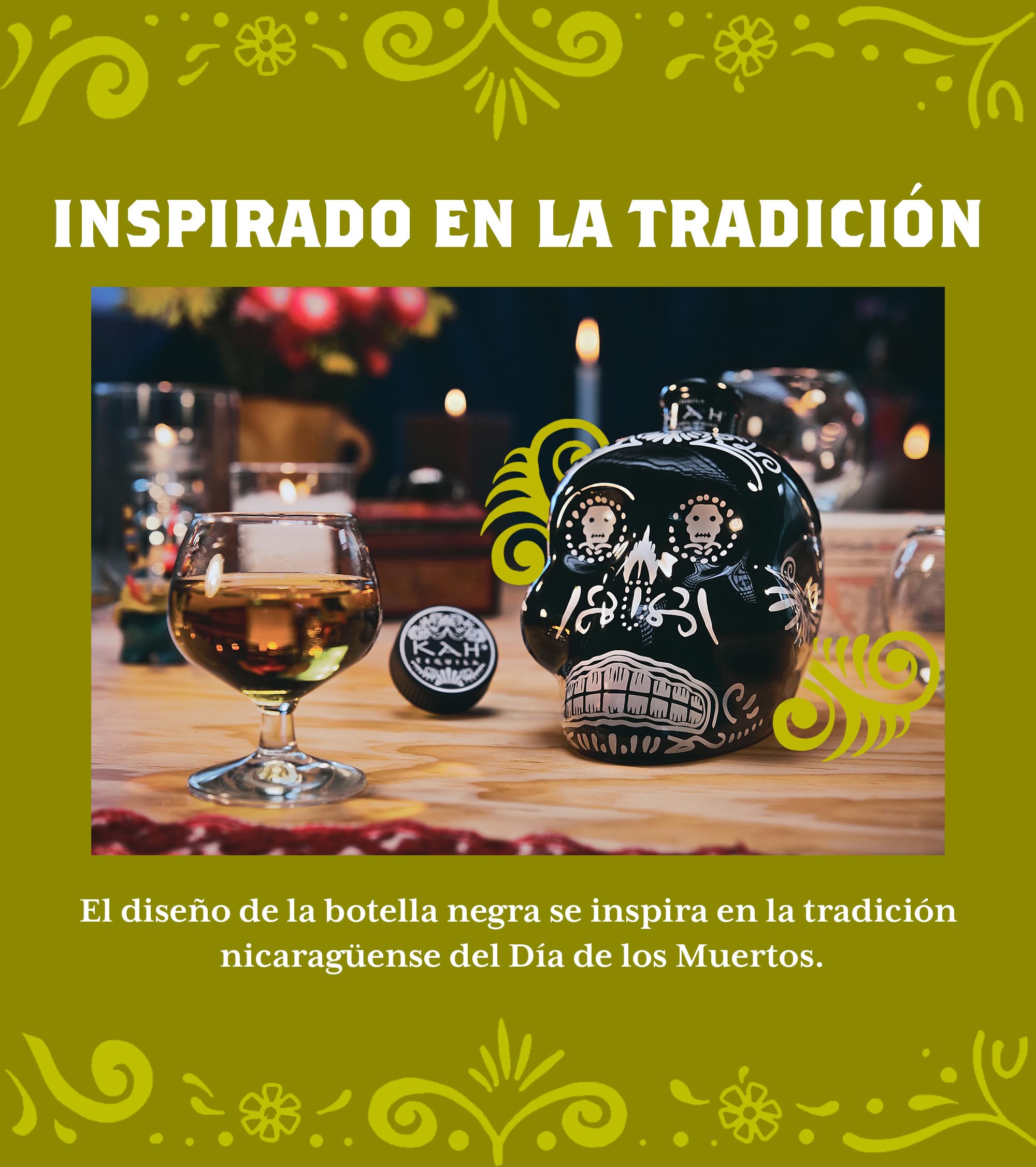 KAH Tequila Añejo - Botella Negra Decorada para el Día de Muertos - 100% Agave Azul - Doble Destilación y Añejo en Barriles de Roble - 40% Vol 70cl (700ml / 0.7L)