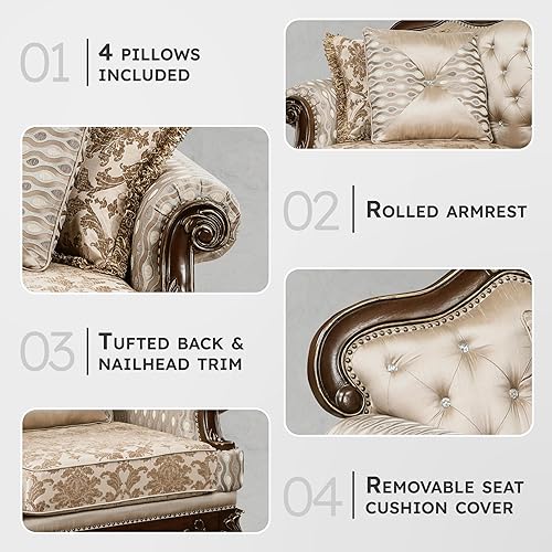 Miniatura 3 de Lexicon Sofá tradicional para sala de estar, sofá de brazo enrollado con 4 almohadas decorativas, acolchonado, patas Queen en acabado cereza con