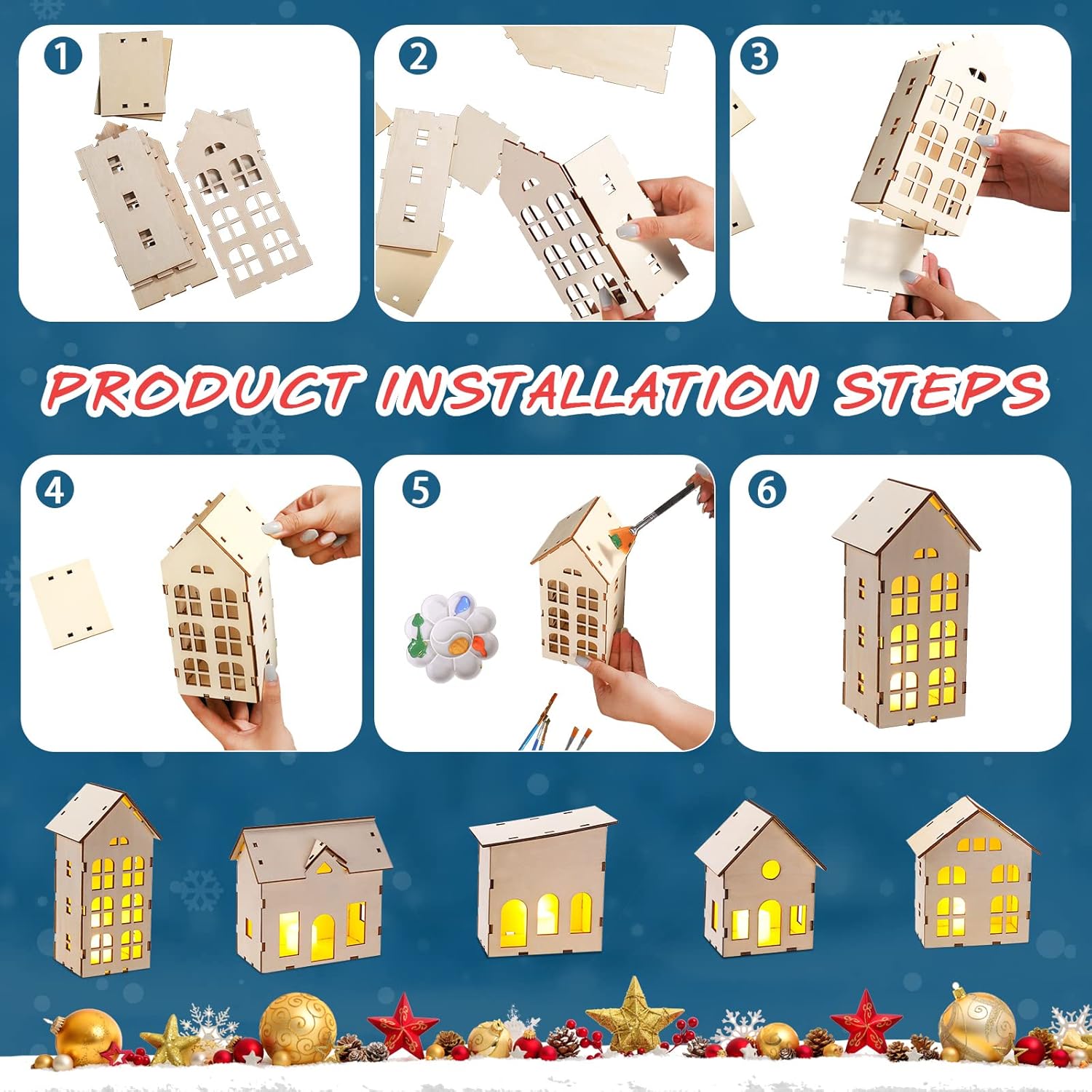 12 Pcs Christmas Village Sets Unassembled Christmas Houses Village Sets with 6 Pcs Christmas Wooden House and 6 Pcs LED Candle Lights Tiny House Ornaments Xmas Light up Village Scene Decorations