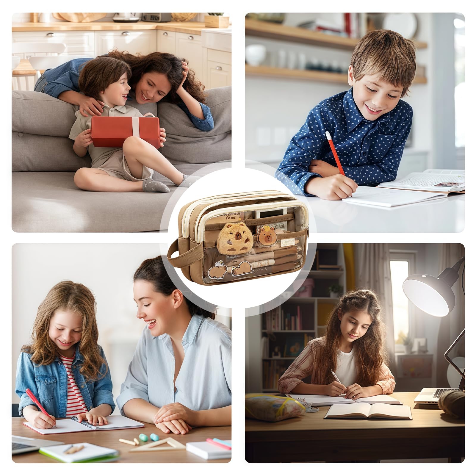 Trousse Capybara Ensemble Papeterie avec Stylo Autocollants Pins Porte-clés Blocs-Notes Grande Capacité Cadeau Fille Garçon