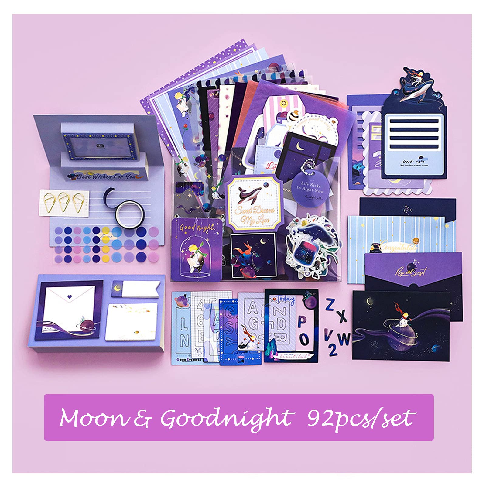 Kawaii Scrapbooking Supplies Kit, DIY Journaling Set with Scrapbook Paper, Stickers, Washi Tape, Envelope, Cards for Kids Gifts, Decoration Material Pack for Journal Scrapbook Planner Craft (Purple)