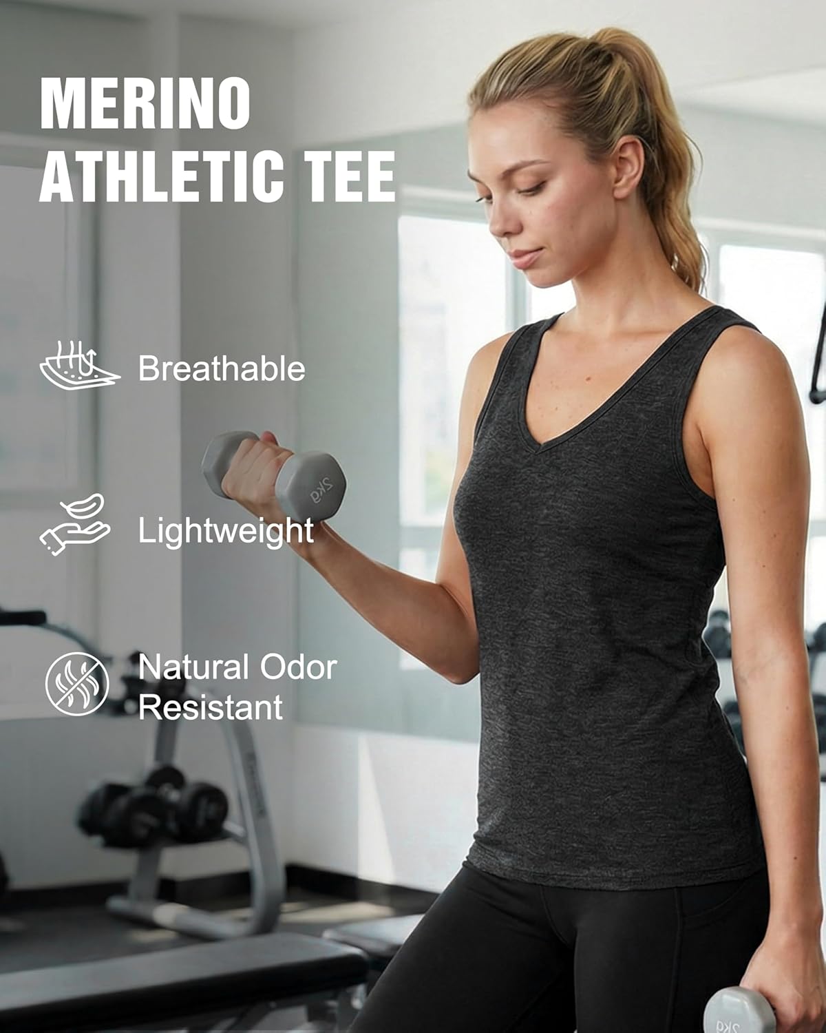 2 Pack Merino Wool Tank Top Women, V Neck Wool Base Layer Sleeveless, Active Lightweight Breathable Undershirt