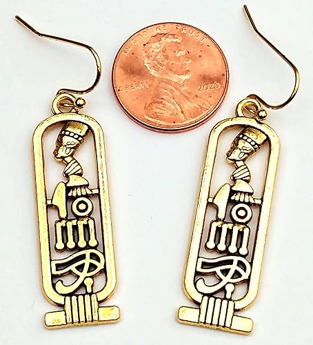 Miniatura 3 de Gold Tone Egyptian Cartouche Earrings, Nefertiti Eye of Horus Hieroglyphs, Jewelry Gift for Women