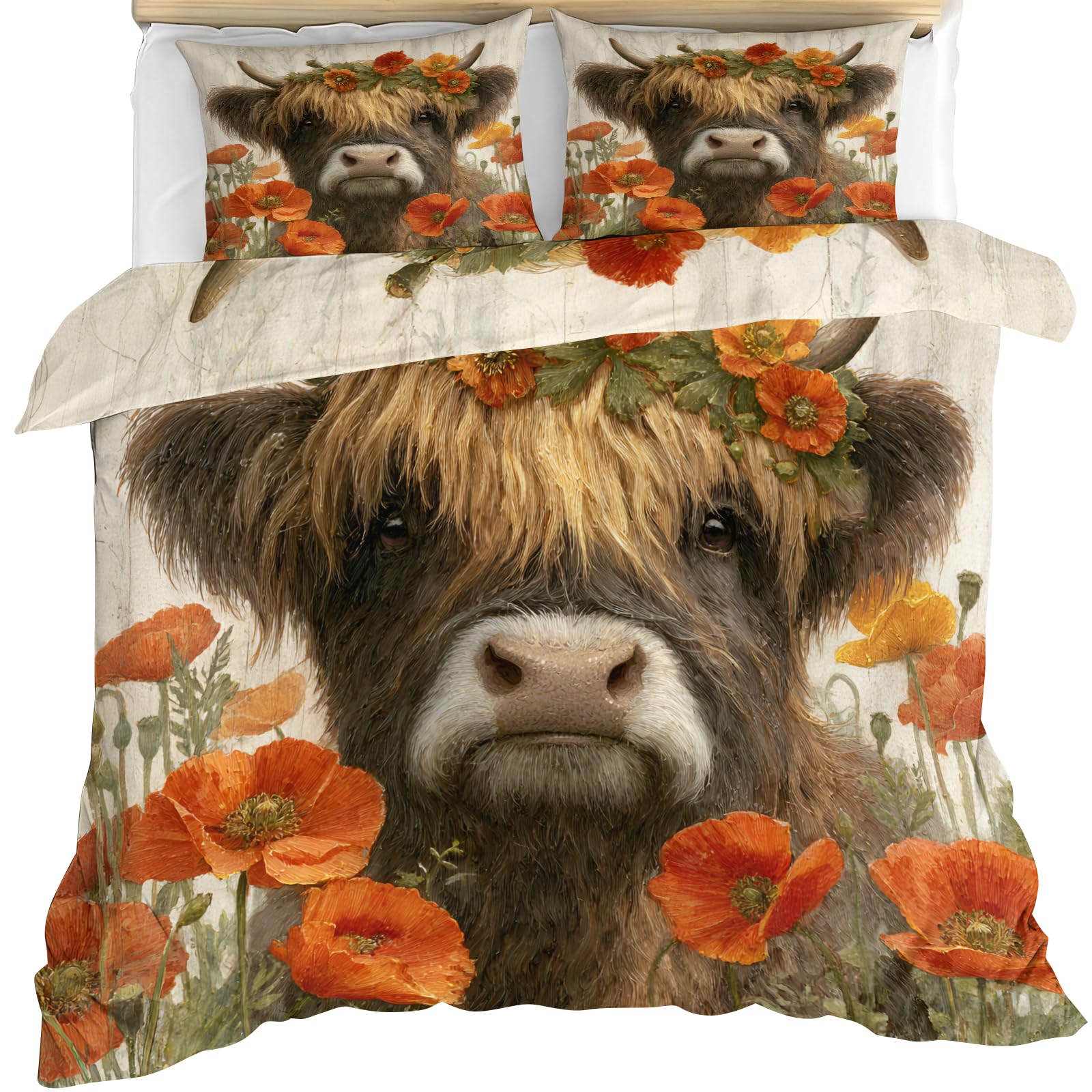 YEMYOR Highland Cow Comforter Cover, Vintage Poppy Floral Duvet Cover 260x220 cm, Rustic Farmhouse Highland Cattle Bedding Set with Zipper Ties & 2 Pillowcases