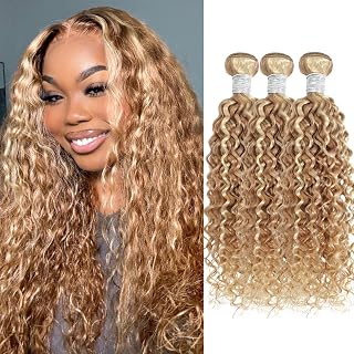 13A 27/613 Human Hair Bundles Water Wave, Highlight Blonde Curly Bundles Wet n Wavy 100% Raw Hair Keep Silky And Soft After Washing #F27/613 Highlight Honey Blonde Sew In Weave 3Pcs 14 16 18IN