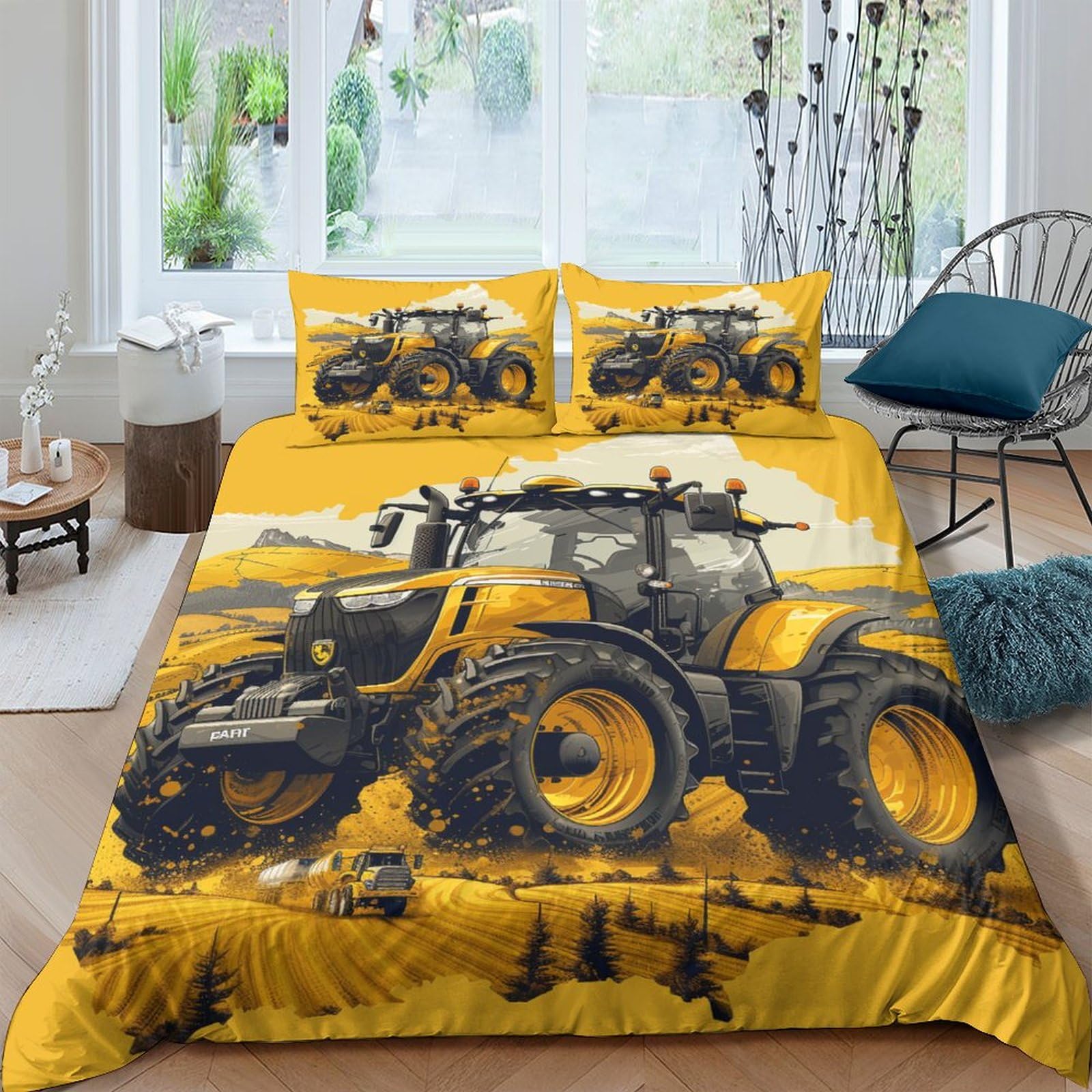 WXLWHR Tractor Duvet Cover Sets Soft Microfiber 3 Piece 3D Printed Bedding Sets Giant Yellow Tractor Comforter Cover with Pillowcase For Teenage Boys Double（200x200cm）