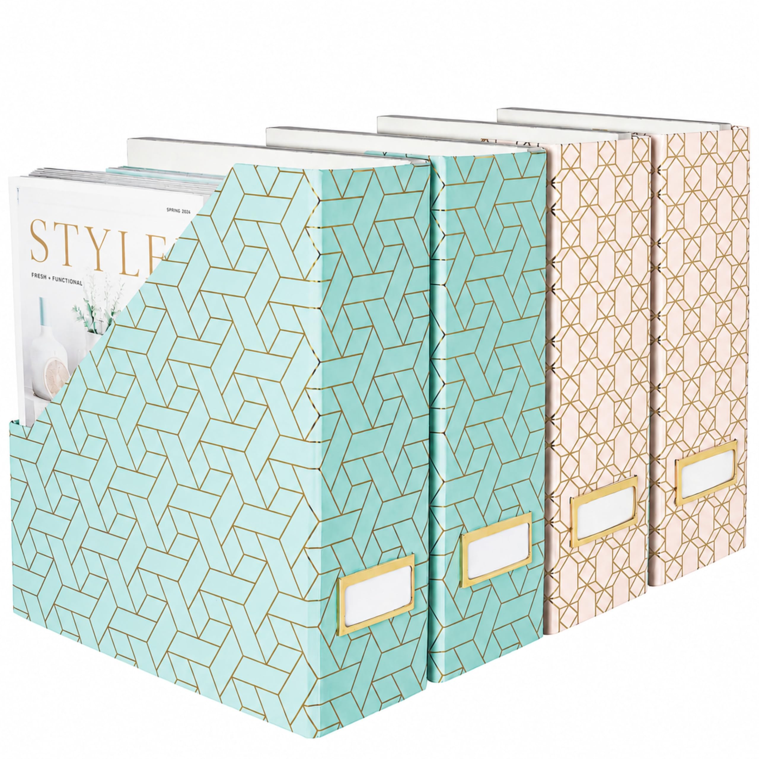 Blu Monaco Foldable Magazine File Holder with Gold Label Holder - Set of 4 Cardboard Magazine File Boxes - Pink and Aqua Desk Accessories