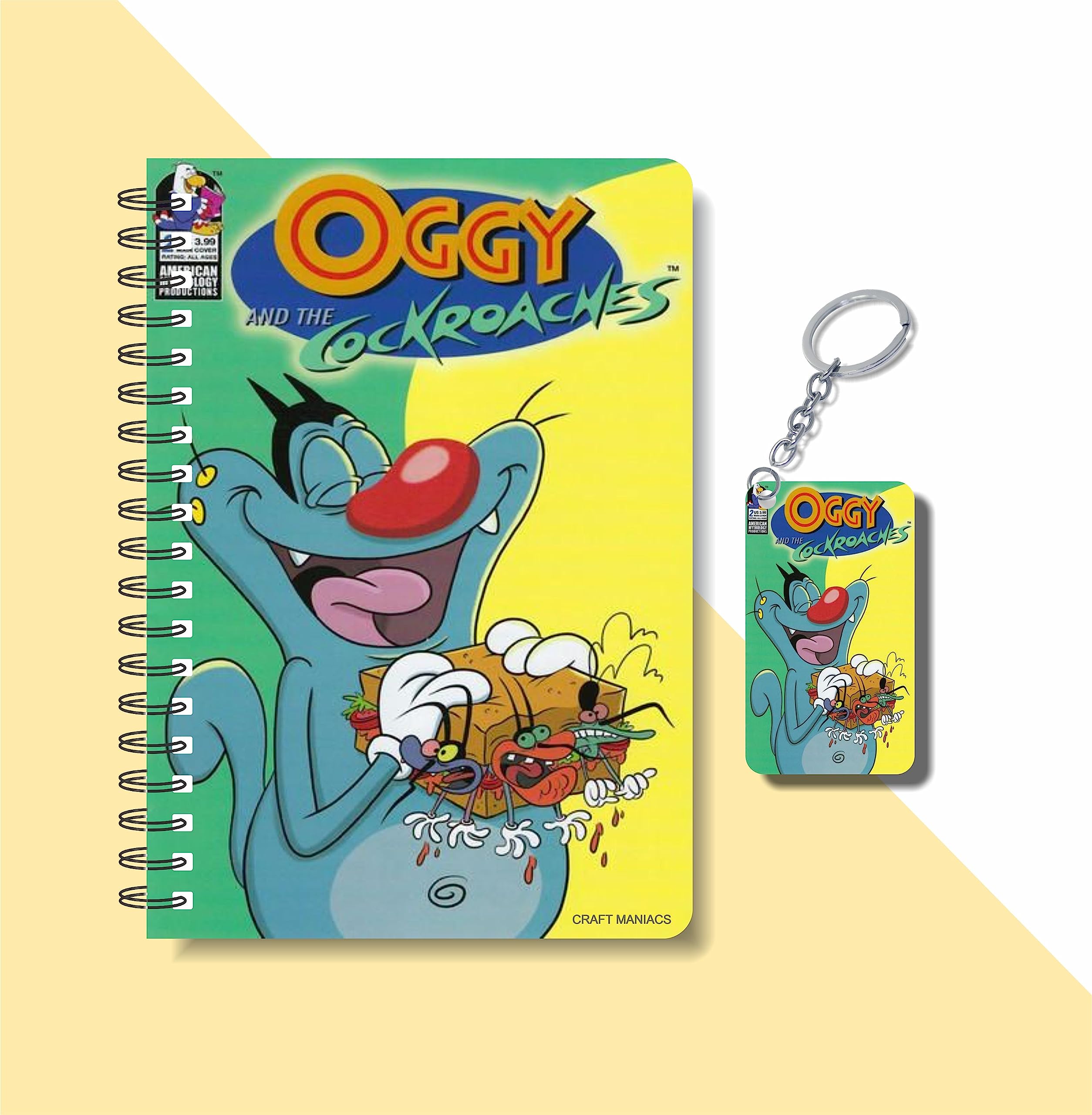 CRAFT MANIACS OGGY & THE COCKROCHES PRINTED A5 160 RULED PAGES NOTEBOOK & FREE WOODEN KEYCHAIN BEST GIFT FOR CARTOON LOVERS
