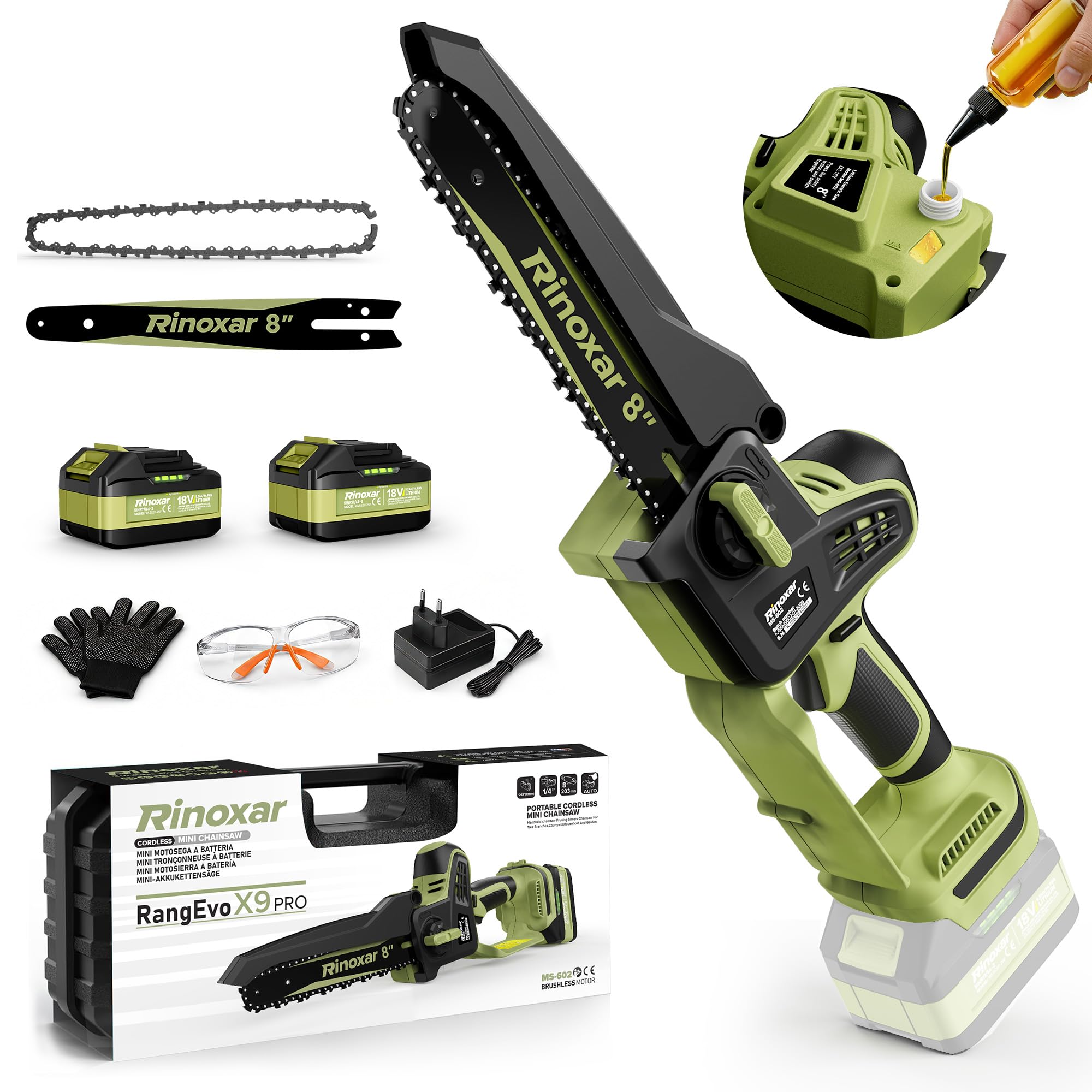 Motosega Elettrica a Batteria 8 Pollici per Potatura, Motore Brushless | Sega elettrica per potatura con 2 batterie da 5200mAh, lubrificazione automatica e tendicatena senza attrezzi