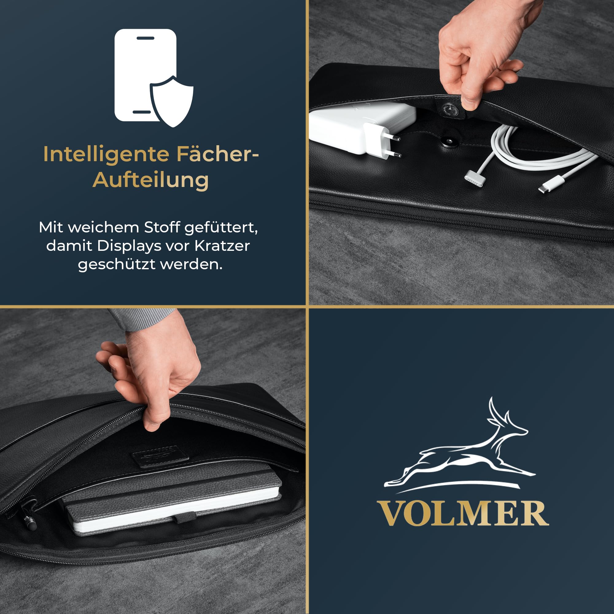 Fa.Volmer Funda para portátil de 15,6 pulgadas, piel de búfalo, color marrón, con cremallera de metal, acolchada, para MacBook, Microsoft Surface, iPad, Tablet - Dimensiones interiores: 37 x 26 x 3 cm