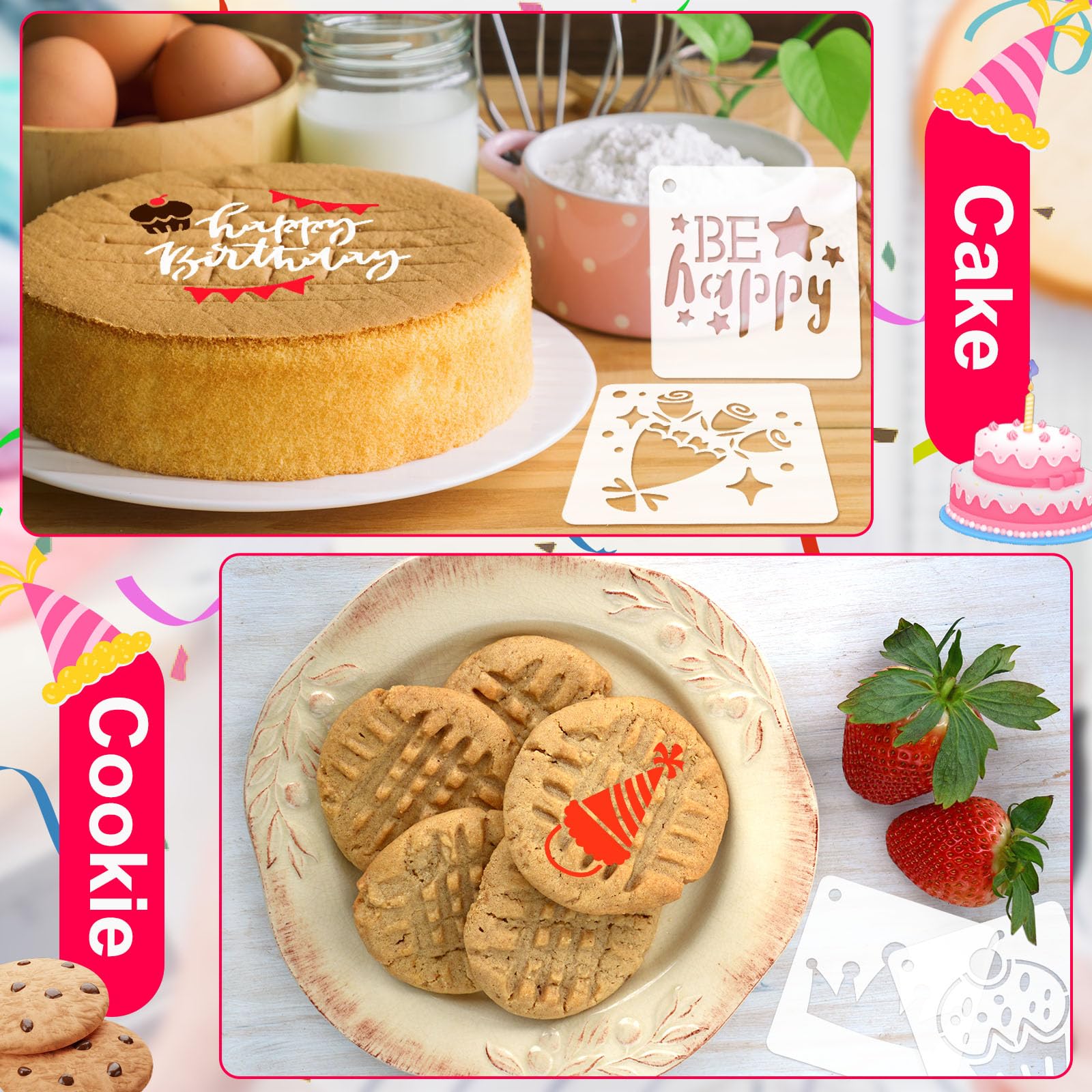 Dispowreath 80 plantillas reutilizables para galletas de cumpleaños de 7,6 cm, plantillas de dibujo para tartas de cumpleaños, galletas, hornear, para niños y adultos, pintura en sobres de tela de