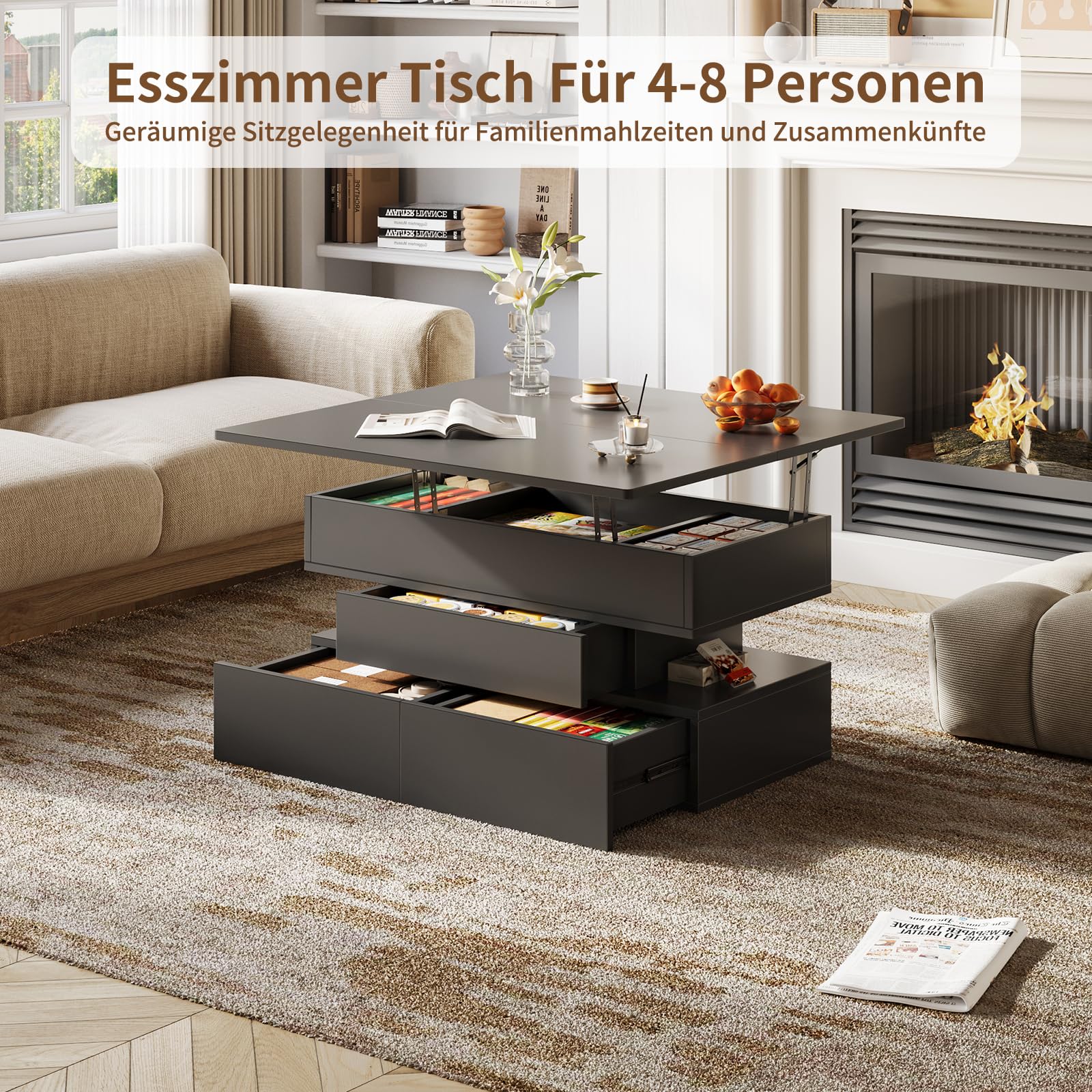 FUSOU Couchtisch Höhenverstellbar, Wohnzimmertisch mit Stauraum, 3 Schubladen & Versteckter Aufbewahrung, Multifunktional als Kaffeetisch, Esstisch oder Arbeitsplatz, für Wohnzimmer, Büro, Schwarz