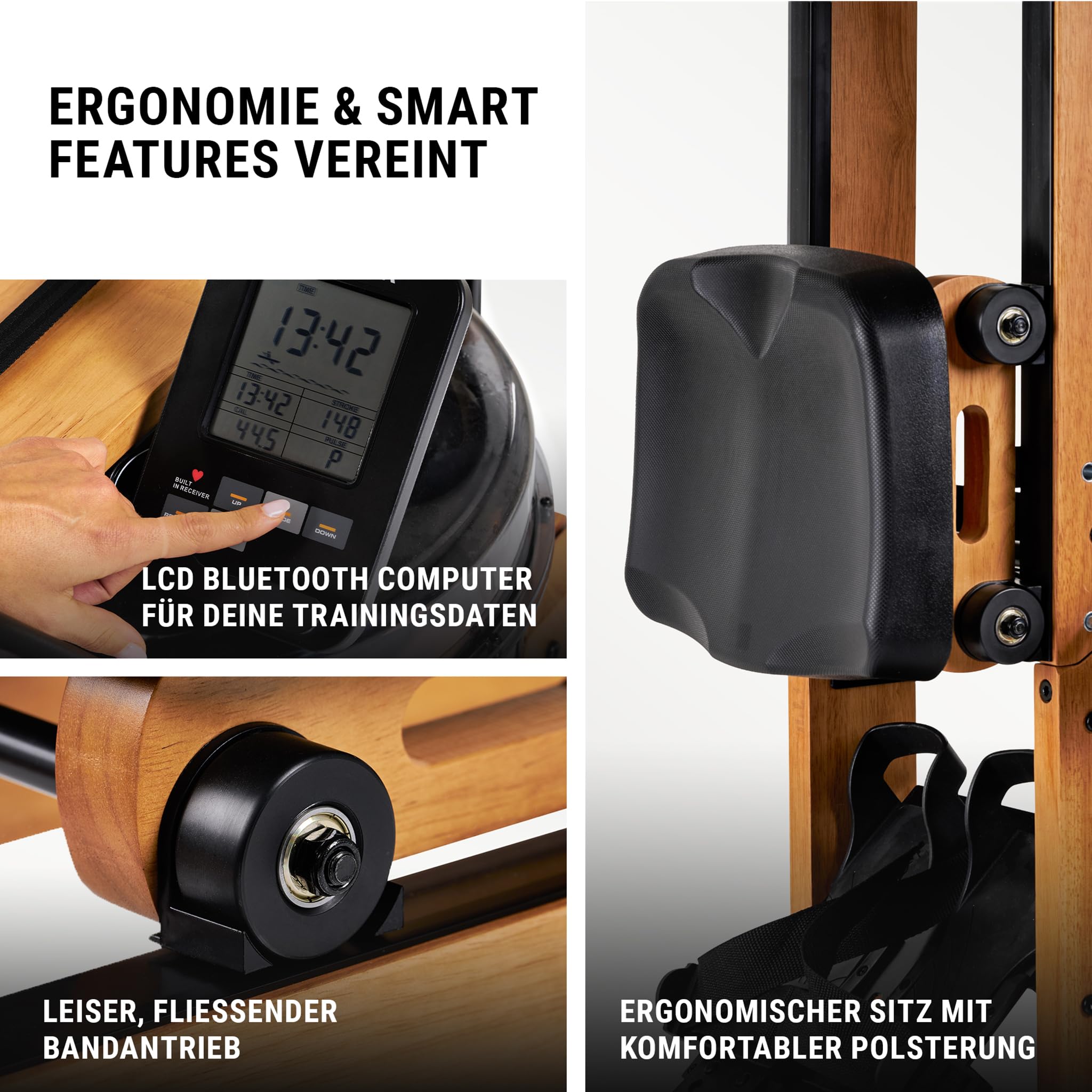 HAMMER Vogatore ad Acqua AquaFold - Vogatore pieghevole per casa in vero legno con ruote, macchina per il canottaggio con Bluetooth, computer di allenamento