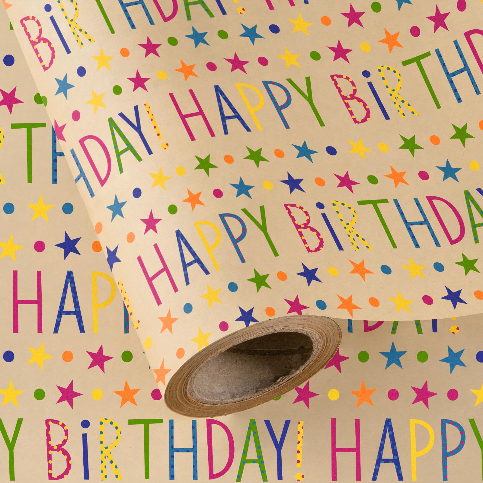 WRAPAHOLIC Kraft Birthday Wrapping Paper Roll - Mini Roll - 17 Inch x 9.8 Feet - Colorful Dot Stars and Happy Bday Lettering Wrapping Paper Perfect for Birthday, Party, Baby Shower