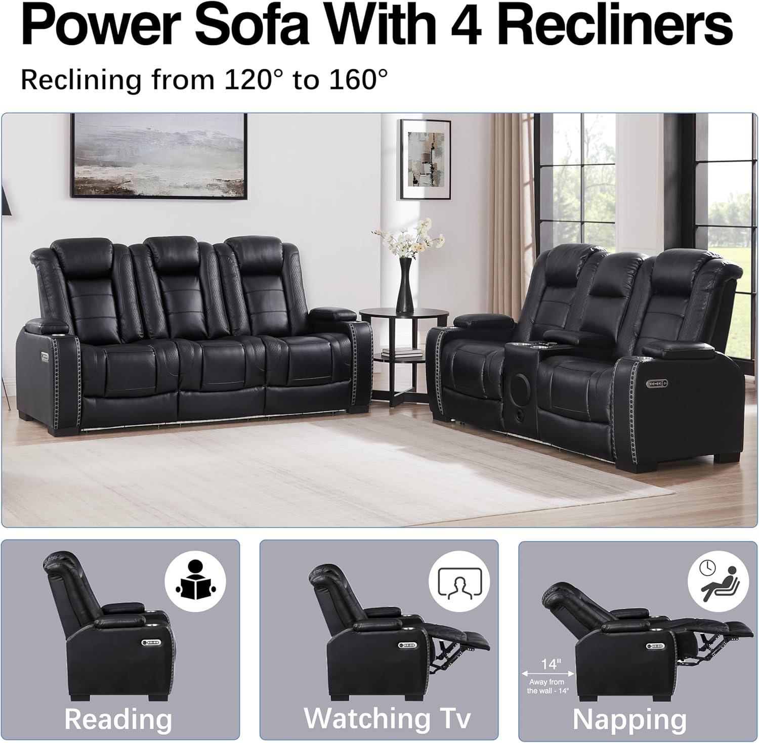 THSUPER Black Leather Power Recliner Sofa Loveseat Sets with Arm Storage and Power Headrest, Leather Living Room Reclining Sofa and Loveseat Set with Cup Holders and Bluetooth Speaker. | Breathable material, Color-change light, Reading light, Hidden outlet, USB and Type-C port