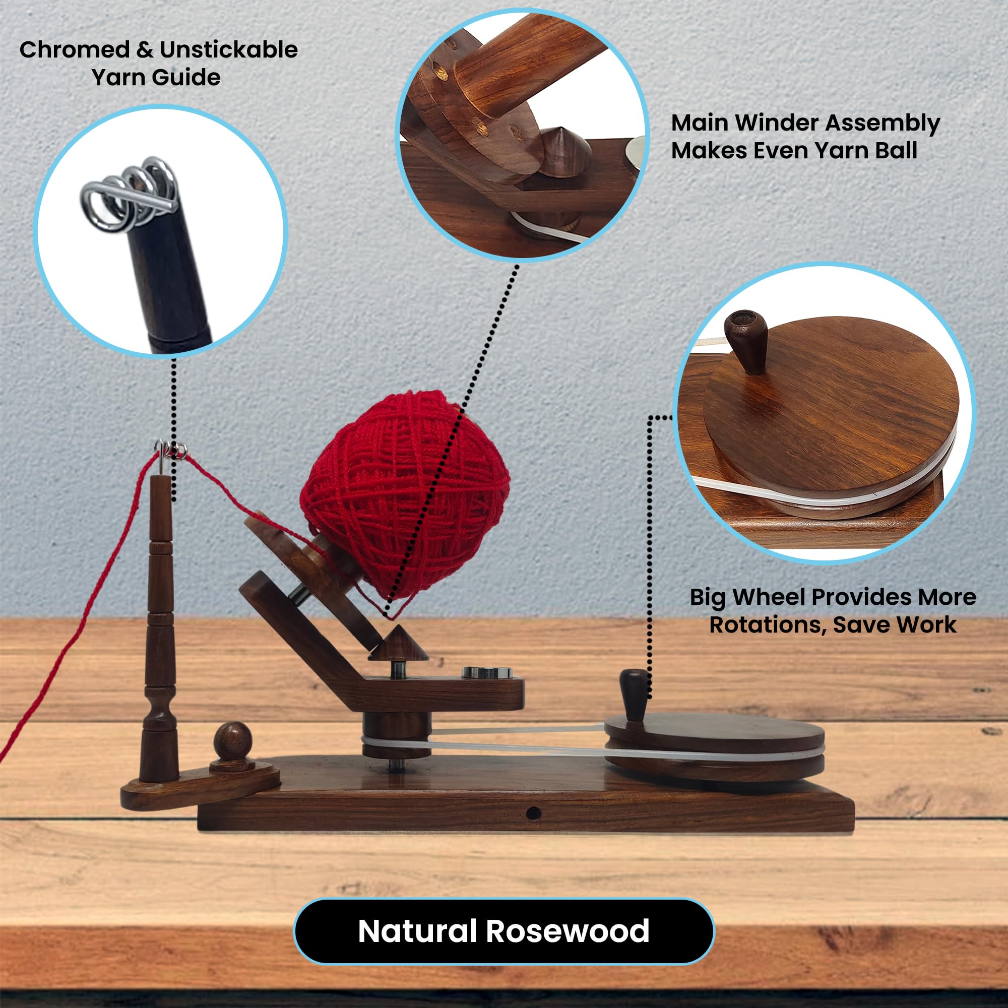 Handbetriebener Premium-Garnknäuelwickler aus Holz für Strick- und Häkelbegeisterte, müheloses Bastelwerkzeug für Garnliebhaber (natürliches Rosenholz)