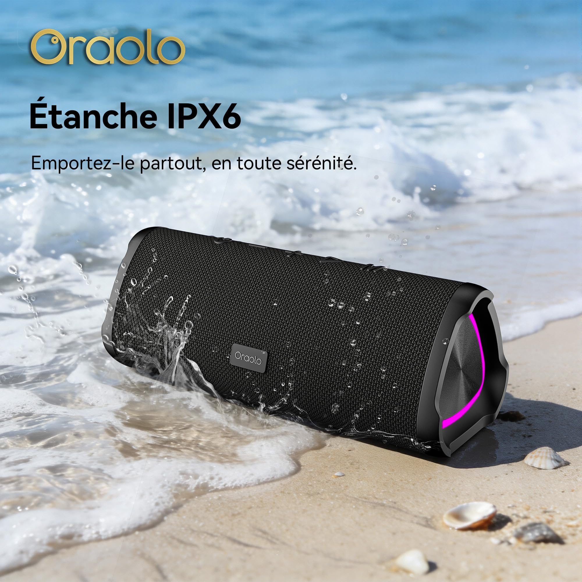oraolo Enceintes Bluetooth 24W, Enceinte Bluetooth Portable 6.0, Bluetooth Speaker 30H Autonomie, Surround à 360 Degrés, Étanche IPX6, Appariage TWS, USB, RGB,AUX, TF Carte, Fêtes/Voyage/Extérieur