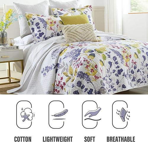 Vista 27 de Y-PLWOMEN Juego de edredón Queen – Juego de edredón 100% algodón, ligero, reversible, floral, para todas las estaciones, amarillo/blanco/gris, 3