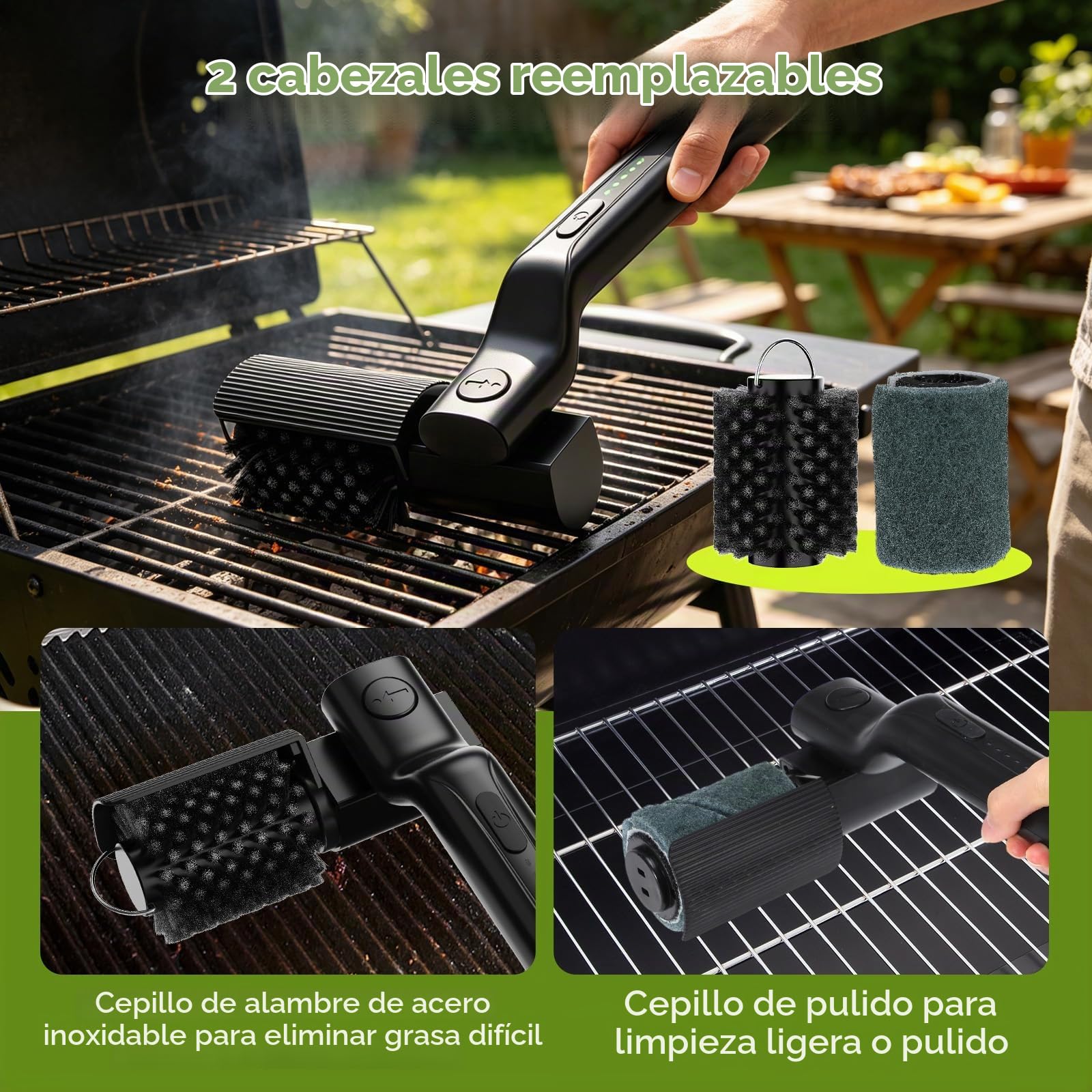 Cepillo Eléctrico para Barbacoa, Cepillo eléctrico para Parrilla con 3 velocidades, 180° Ajustable, 2 Cabezales, 100 Min de Autonomía, Limpiador de Parrilla Inalámbrico para Gas y Carbón
