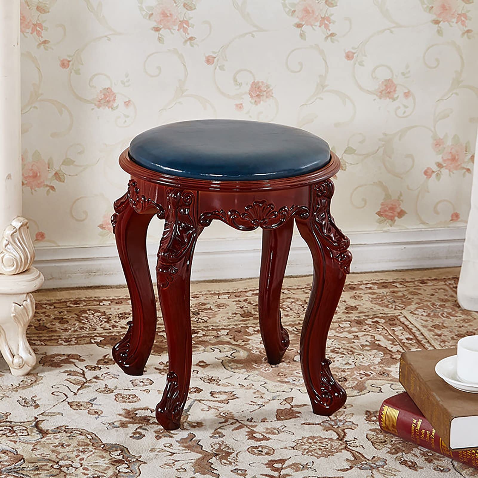 Taburete de tocador retro con patas de madera maciza para maquillaje y asiento acolchado grande