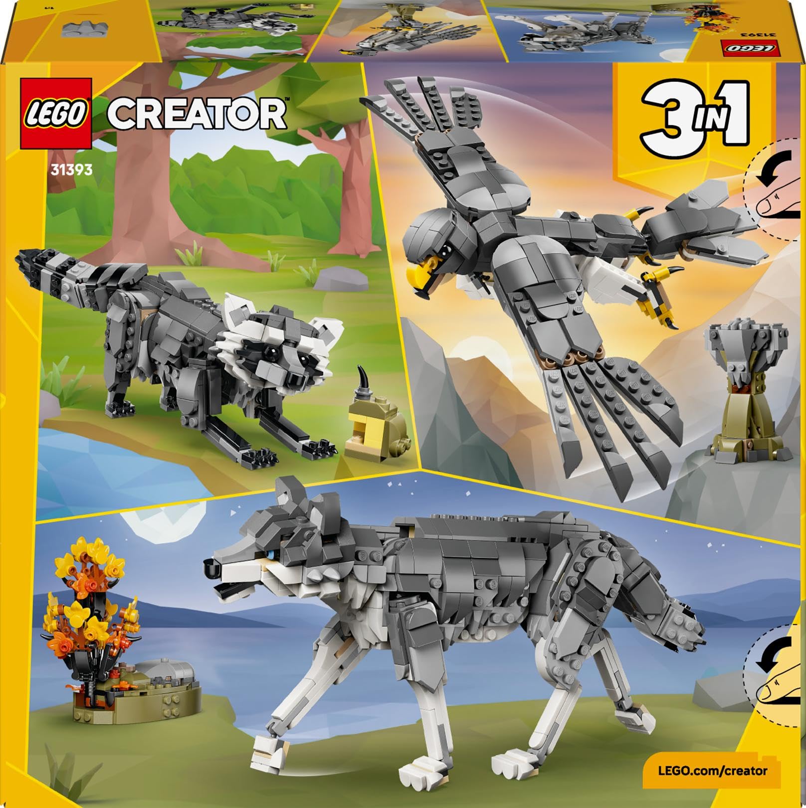 LEGO Creator 3-en-1 Les Animaux de la Forêt : Le Loup Gris - Jouet - Figurine d'animal se Transformant en Faucon ou Raton Laveur - Décoration DIY - Cadeau d'anniversaire Fille ou Garçon 8 Ans 31393