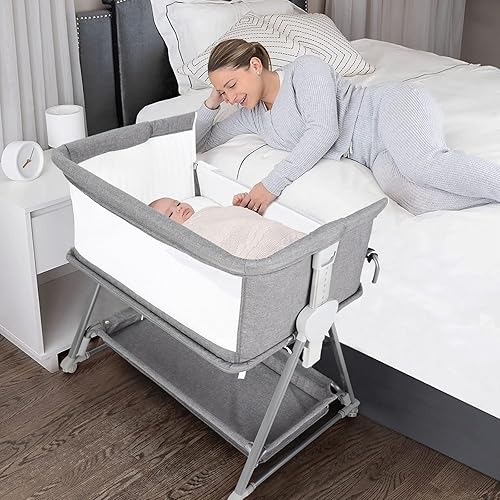 Cowiewie Moisés 3 en 1 para bebé, corralito para niños, multifuncional, junto al moisés con modo de juego para bebé de altura ajustable (gris)