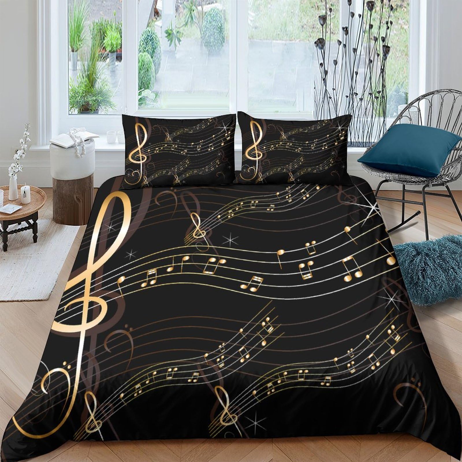 Ctjqhvkz Style-8 3D Printed Music Note Fitted Sheet Microfiber Black Gold Musical Score Bed Cover For Bedroom Dorm Mattress Decor Single（135X200cm）
