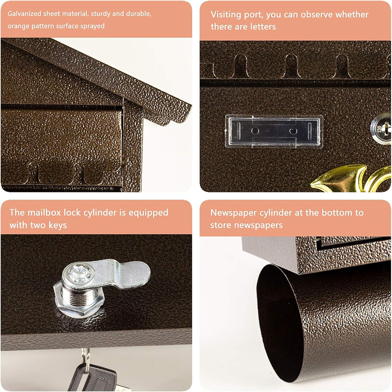 Letter Box,Postbox,Retro Wall-Mount Mailboxes Lockable, Outdoor Vertical Mailbox Rust-Proof Galvanized Steel Mail Drop Box Large Capacity Retro Postbox - 31x9.5x40.5cm