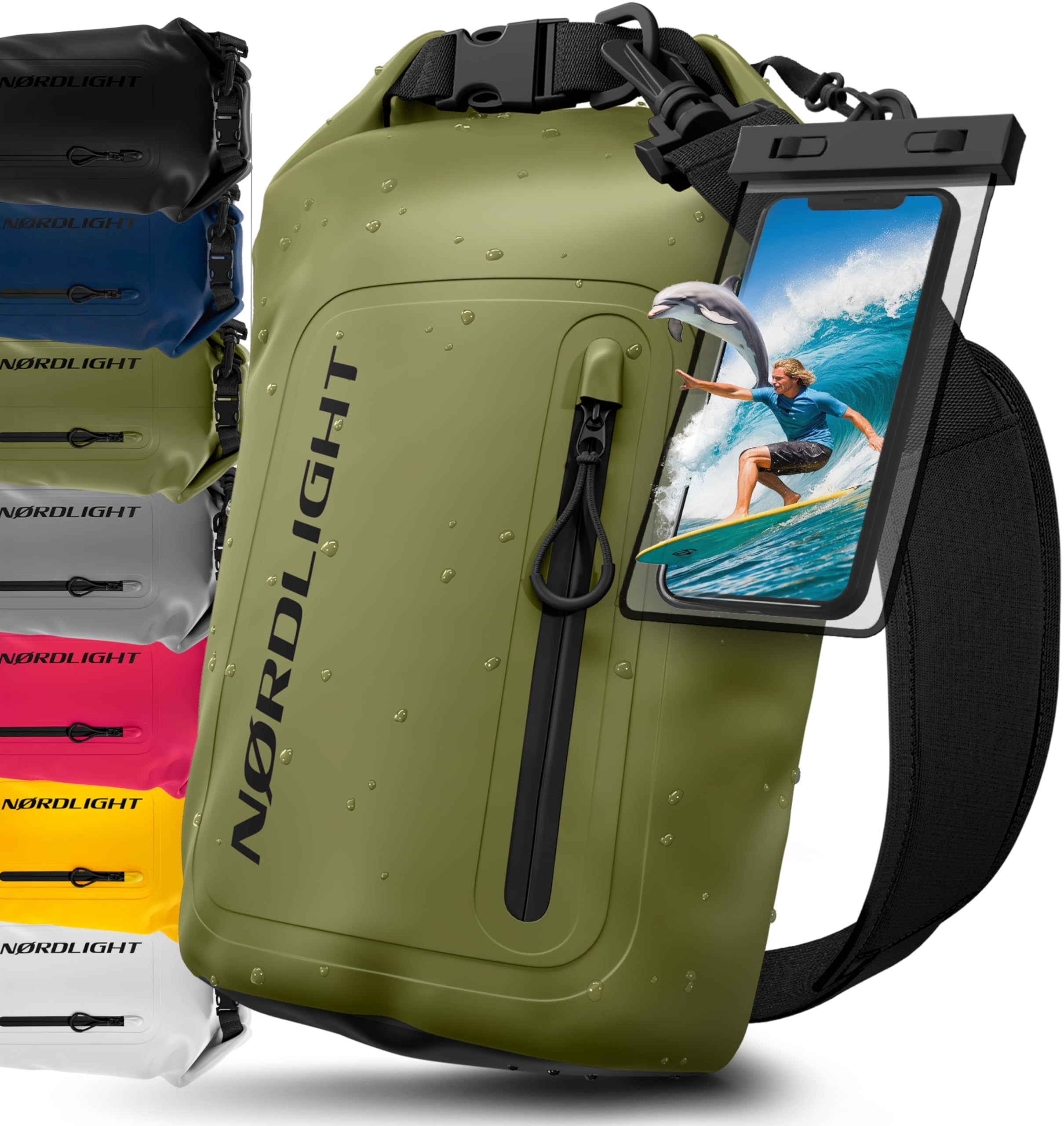 Nordlight Dry Bag Sacca Impermeabile + Custodia per Cellulare + Chiusura Arrotolabile, Tracolla | Zaino Impermeabile Sacca Stagna Borsa | Spiaggia, Canoa, SUP, Immersioni - Verde Oliva, 10 Litri
