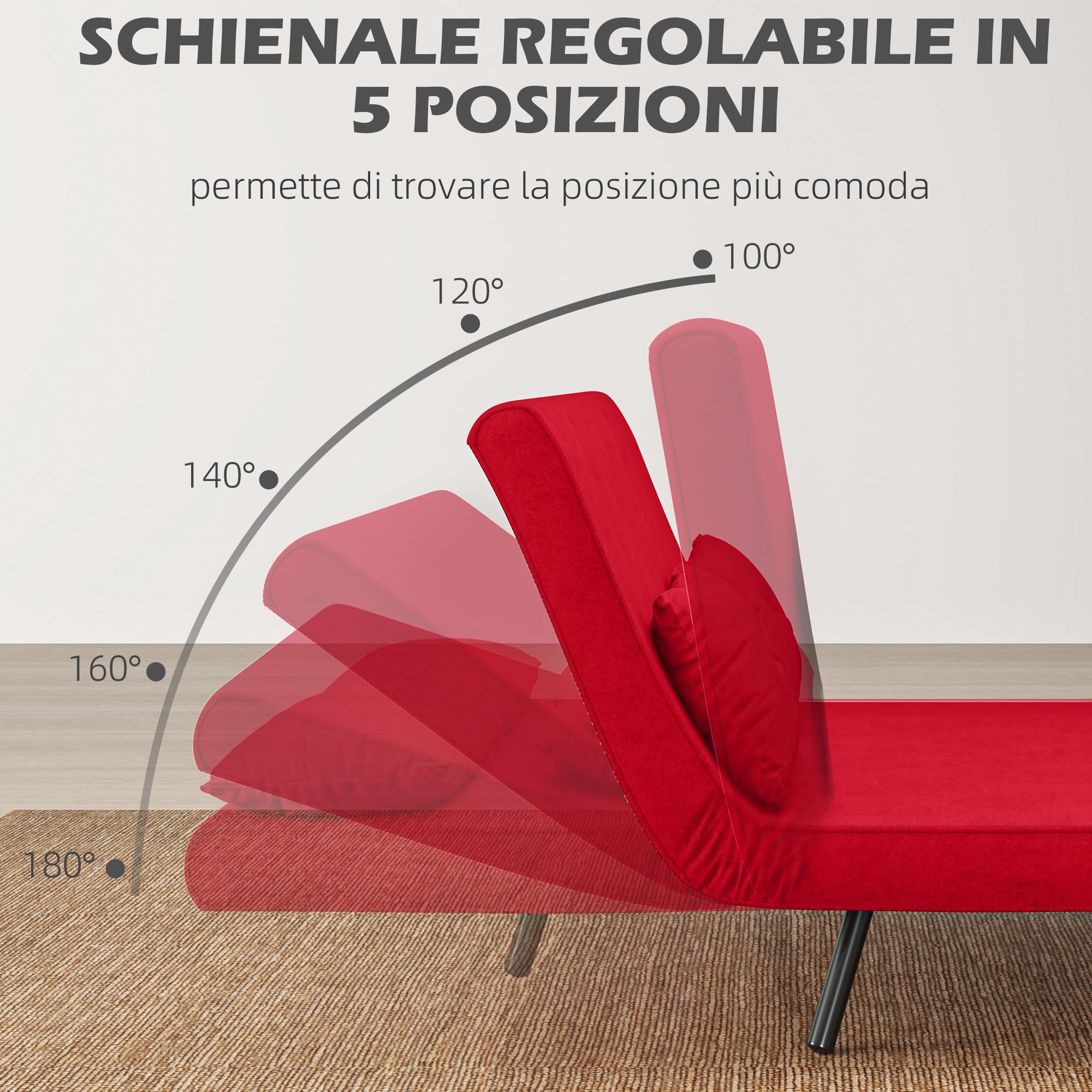 HOMCOM 4 in 1 Divano Letto 2 Posti, con Schienale Regolabile in 5 Posizioni, Divano Letto Matrimoniale Pieghevole con 2 Cuscini, Seduta Imbottita, in Velluto per Casa e Ufficio, 102x73x81 cm, Rosso