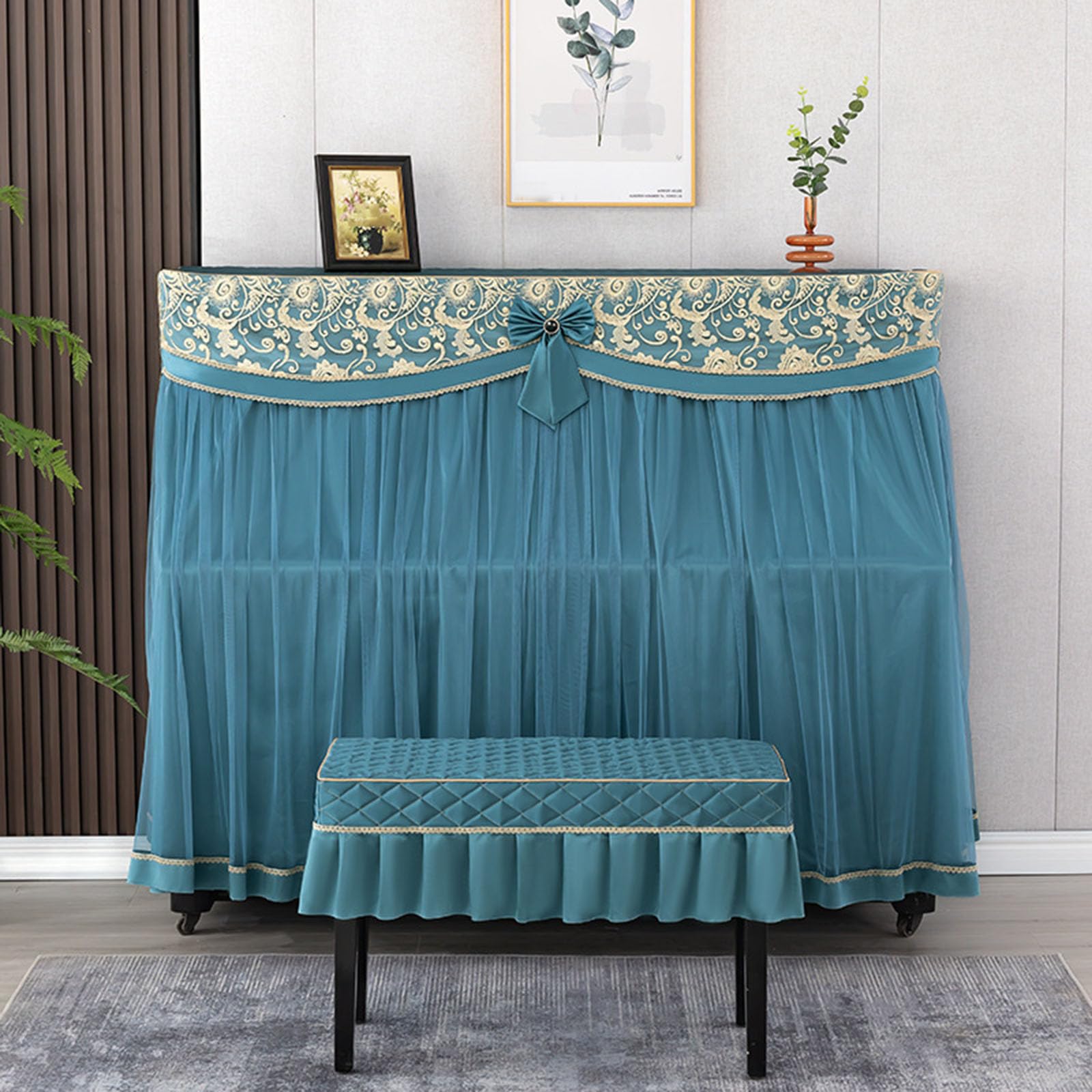Piano Dust Cover Cloth With Stool Embroidery Lace Thickened Quilting Universal Upright Protective Full For Piano/b/double (a Single Stool)